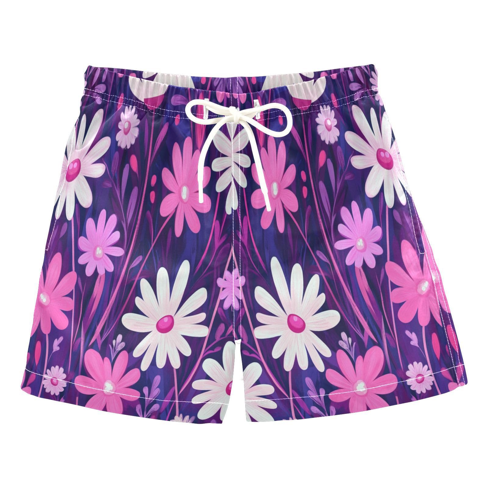 Jucciaco Boys Beach Board Shorts Flower Purple Daisy Quick Dry Swim Trunk Swimwear for Kids