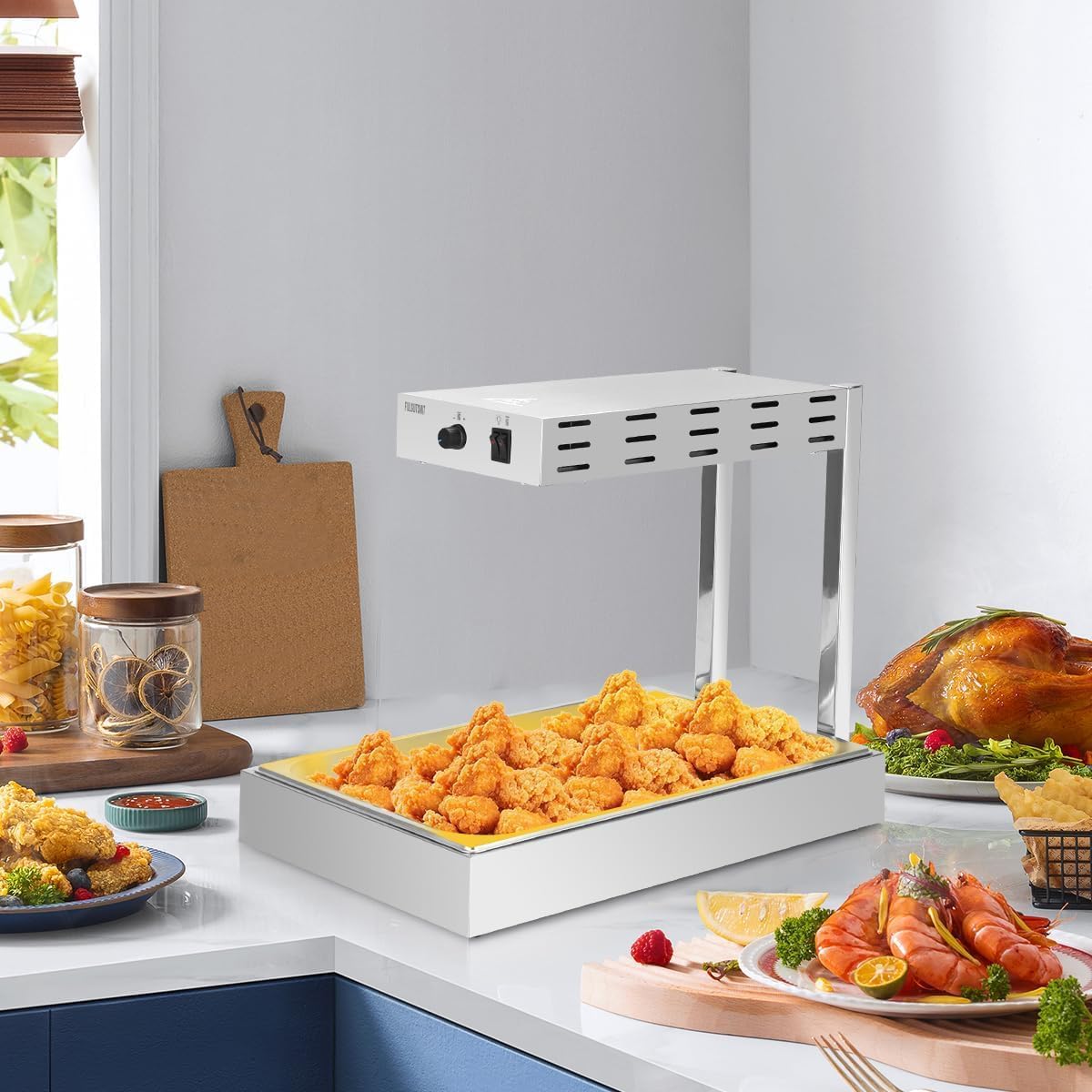 French Fry Warmer, Commercial Heat Light Food Warmer Thermostable Food Heating Lamp for Chips, Stainless Steel Free-Standing Infrared Heating Dump Station