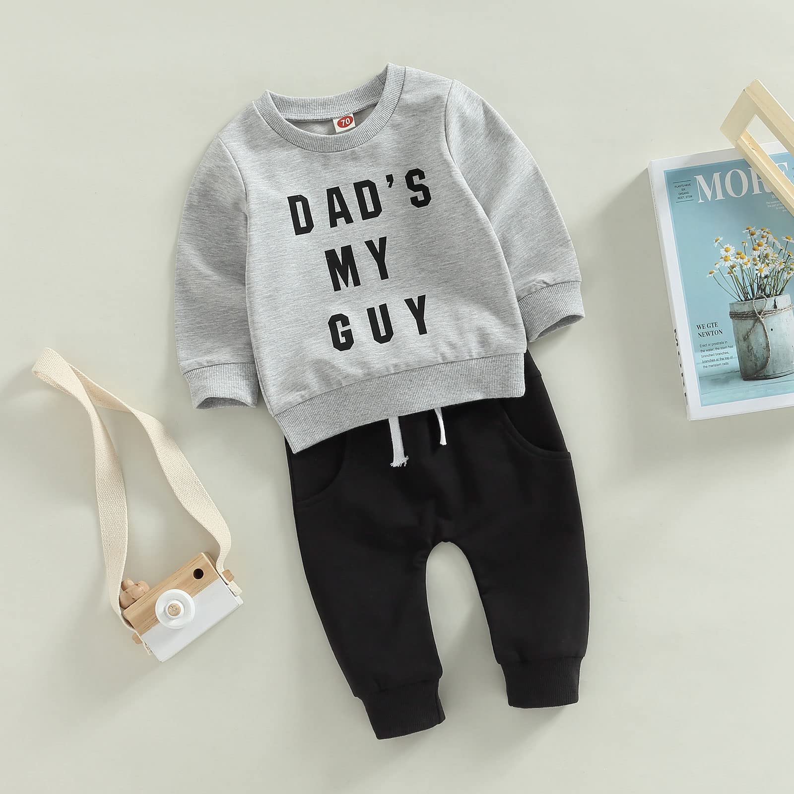 Toddler Baby Boy Outfit Letter Print Long Sleeve Crewneck Sweatshirt Drawstring Pants 2Pcs Fall Winter Clothes Set (Dad's My Guy-Grey+Black,2-3T)
