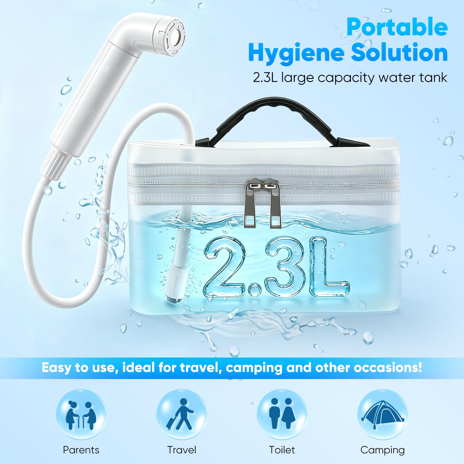 Bidet portatile con doccia elettrica, ricaricabile, serbatoio da 2,3 l, spray a 3 livelli, per toilette, viaggi e pulizia musulmana, bagno portatile per letto settimanale, cura intima (bianco)