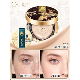 Catkin Phoenix Cushion Foundation Buildable Coverage Anti-Aging Serum Makeup, Sheer Satin Finish, Refill Included, Light Beige 0.46 Oz x 2, C02 IVORY