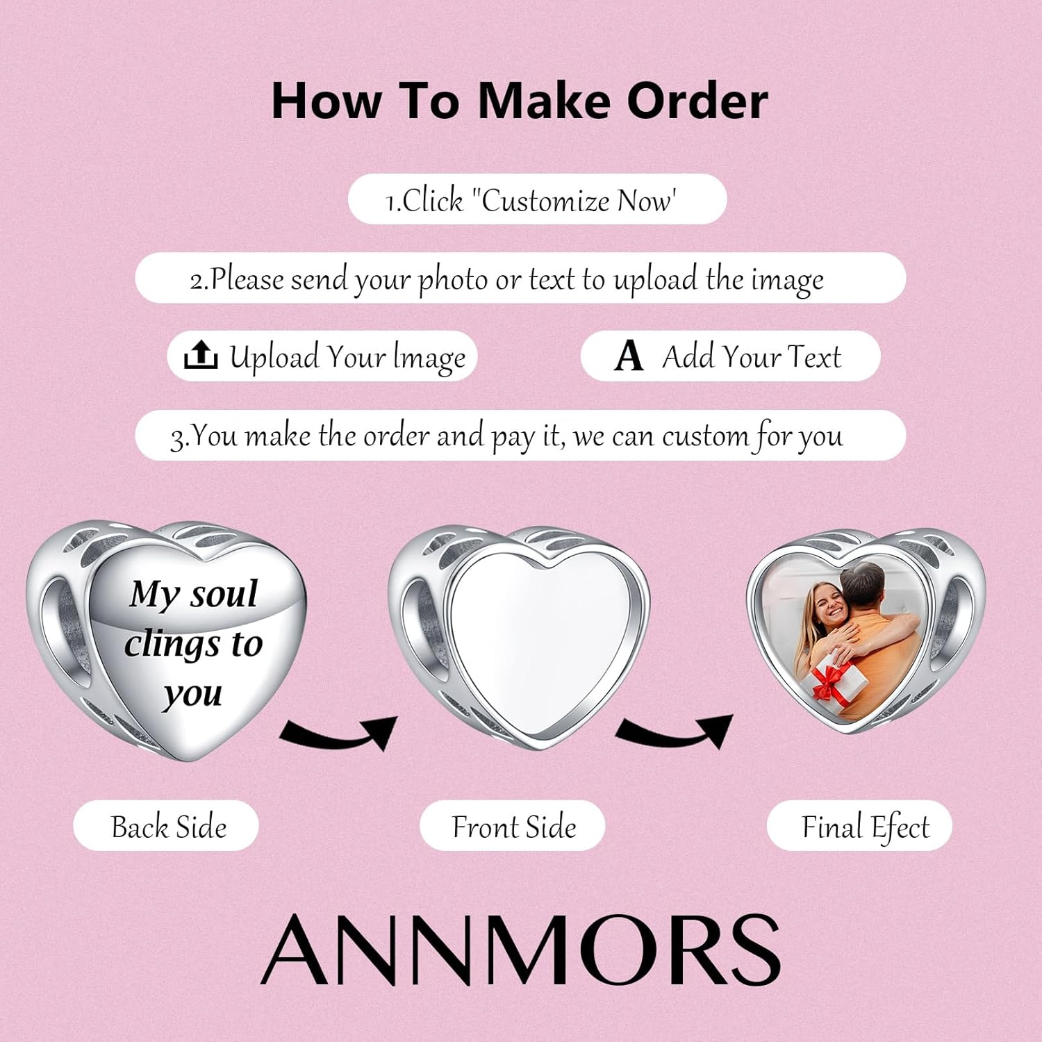 Annmors Personalized Photo Charms For Bracelets/Necklace 925 Sterling Silver Love Heart Shaped Engraved Customize Picture Gift for Birthday Mother's Day,Bead Charms Jewelry for Women - Image 6