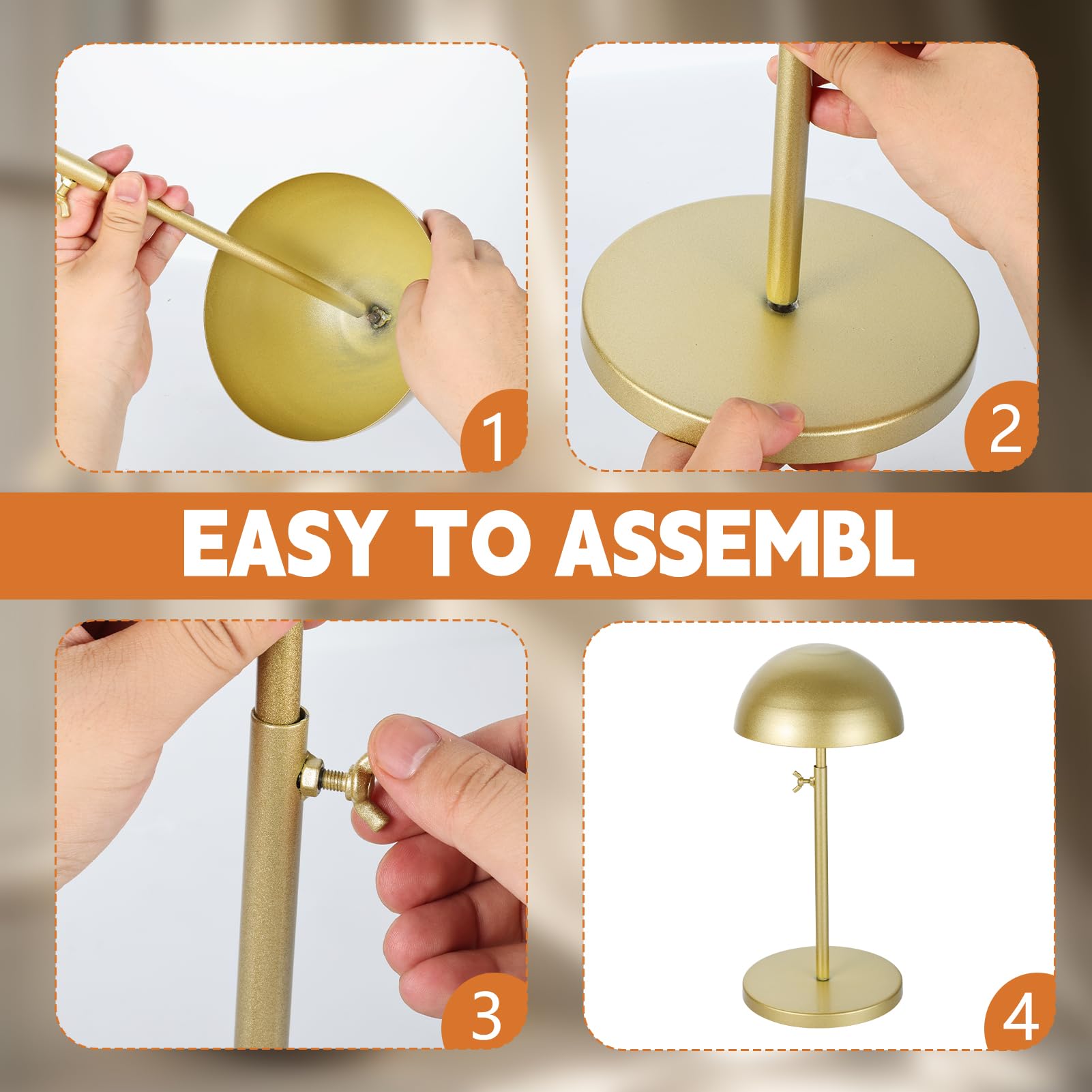 Sibosen 2 Pcs Wig Stand 23-40cm Adjustable Height Wigs Head Holder Anti Rust Stable Stainless Steel Hat Display Stand Travel Storage Holder for Wigs and Hats Styling Drying Display(Gold,Round Base) - Image 4