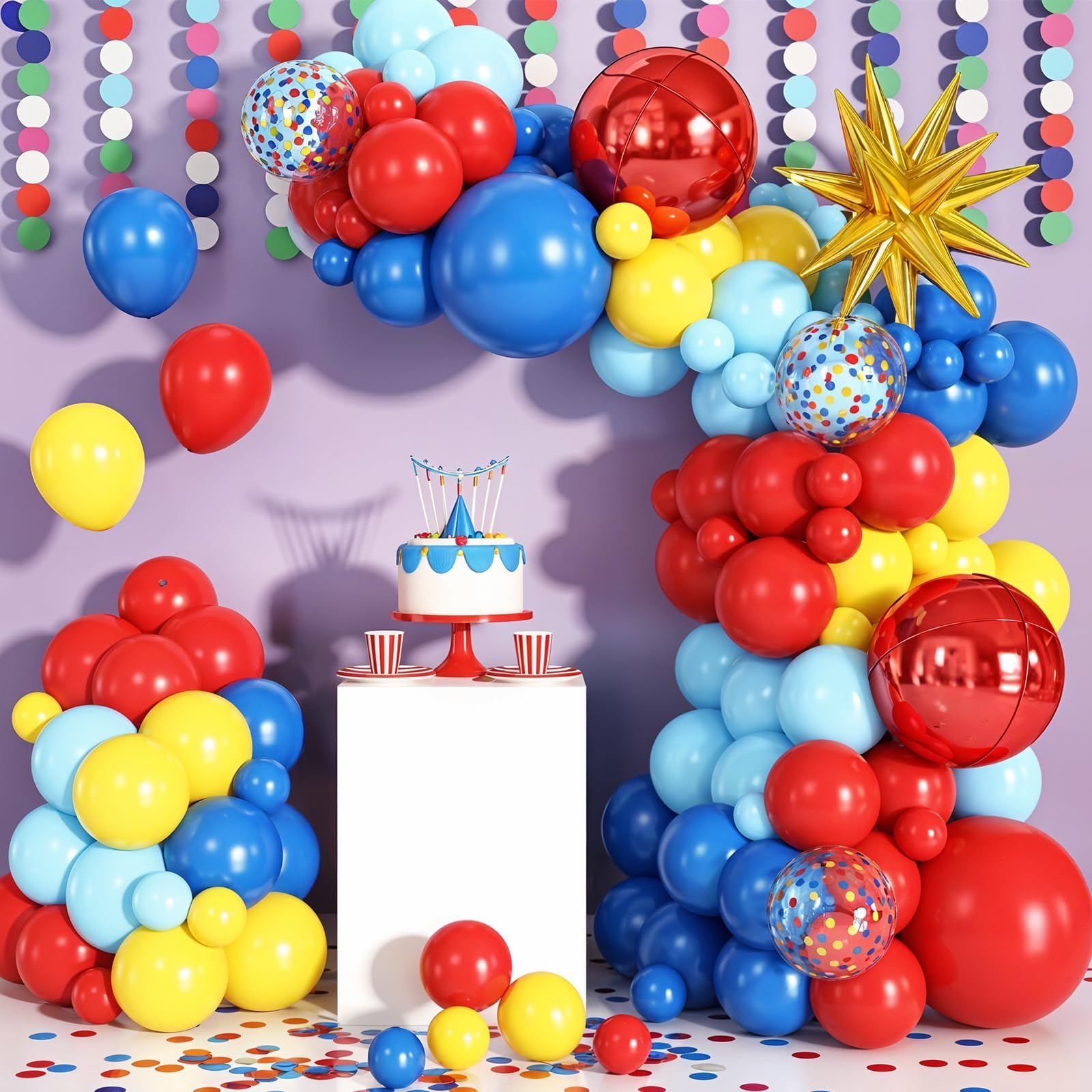 Czerwono-niebiesko-żółta girlanda z łukiem balonowym, zestaw ze złotą gwiazdą, balony foliowe, czerwone, okrągłe balony 4D, na przyjęcie urodzinowe, karnawał, cyrk, dekoracje tematyczne
