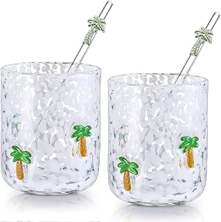 Skylety 2 Set Hawaii Icon Juice Glass Cups - Icon Glass Cup with 2 Straw 14 oz Double Old Fashioned Cute Pattern Glassware for Tea, Water, Milk, Coffee, Parties Gifts