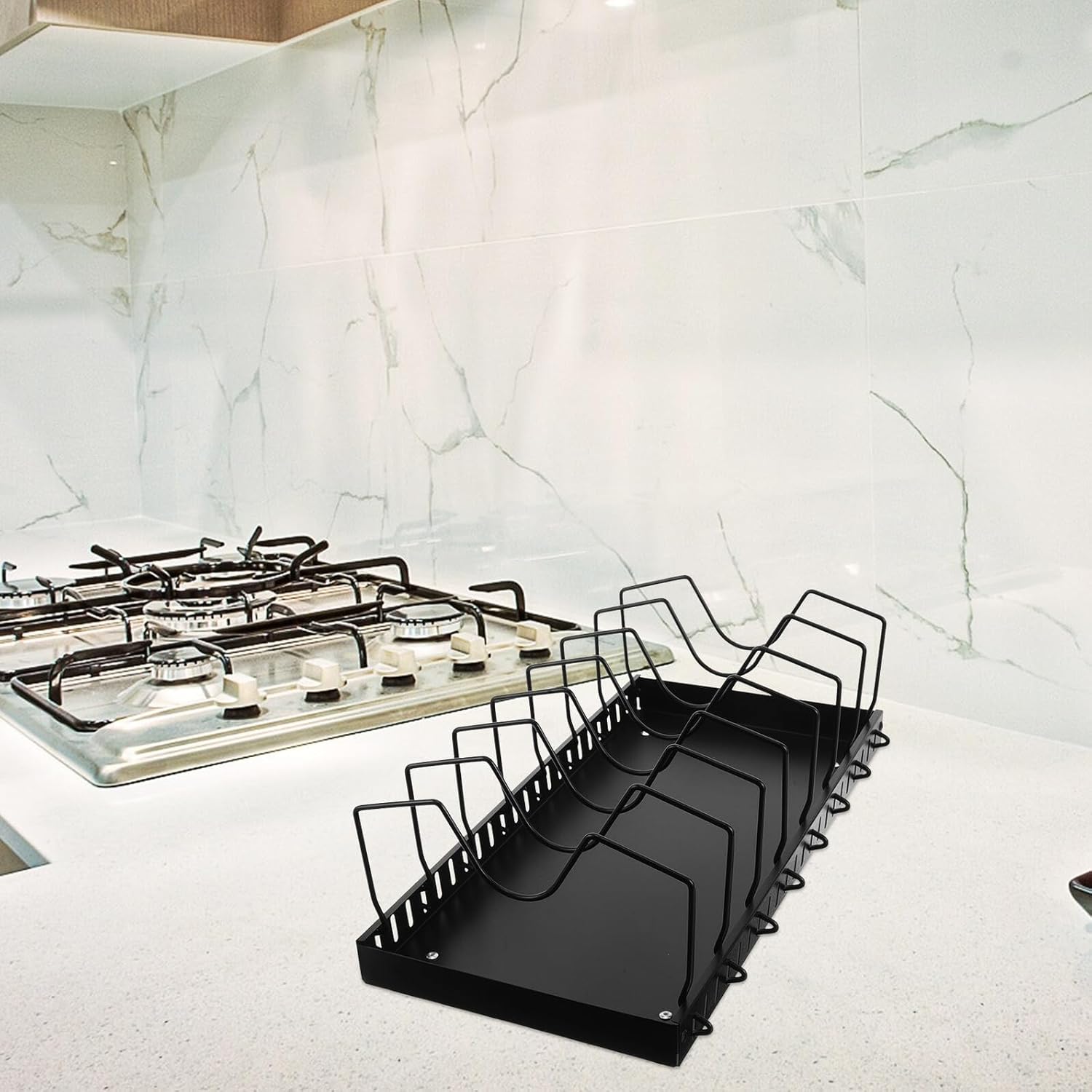 Adjustable Pot Lid Organizer with 7 Dividers 42cm Sliding Rack Black Kitchen Cabinet Storage Rack for Pan and Bakeware Organization