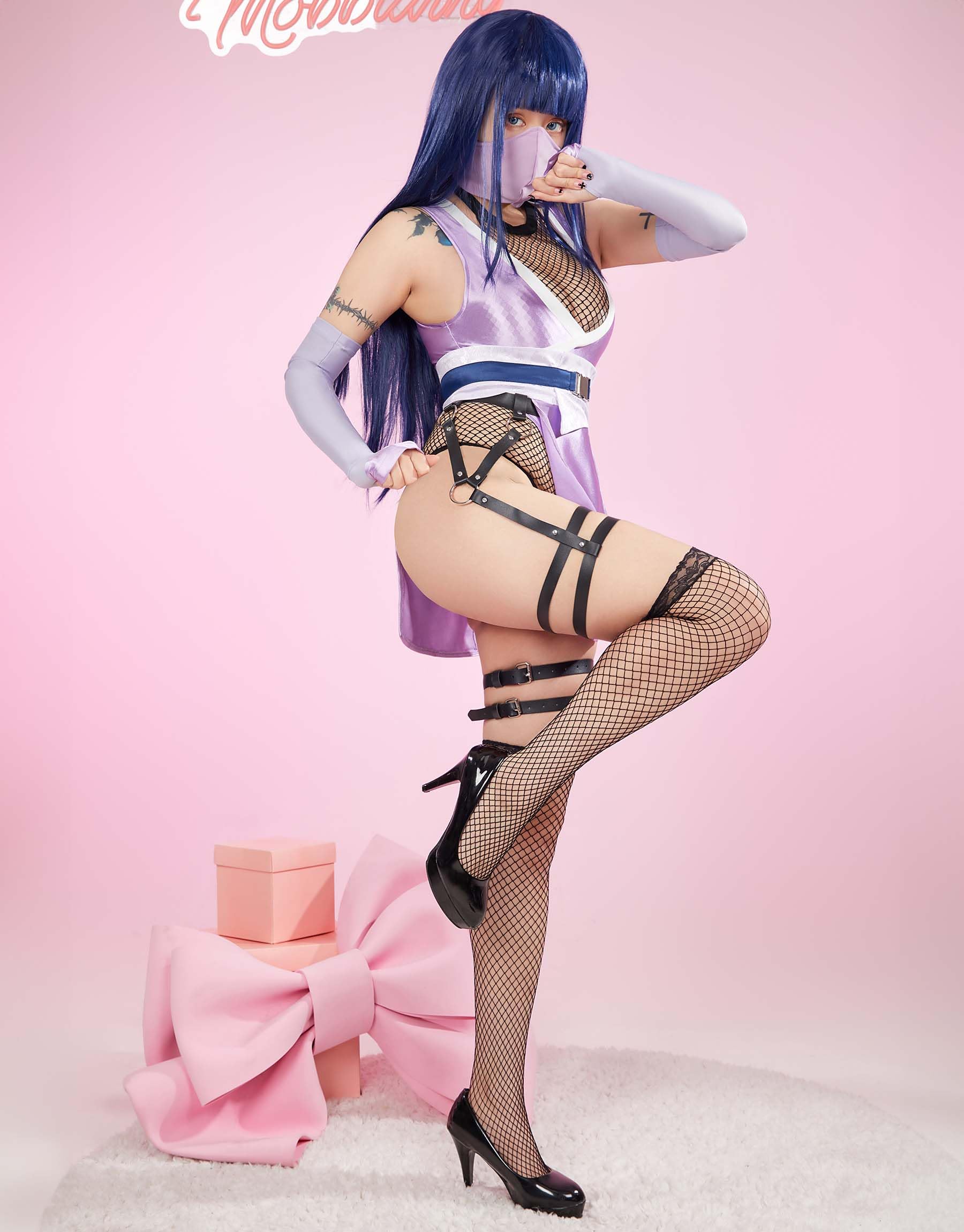 Mobbunny Womens Anime Cosplay Costume Purple High Slit Bodysuit Fishnet Mesh Bodysuit with Mask and Thigh Socks: Medium Purple