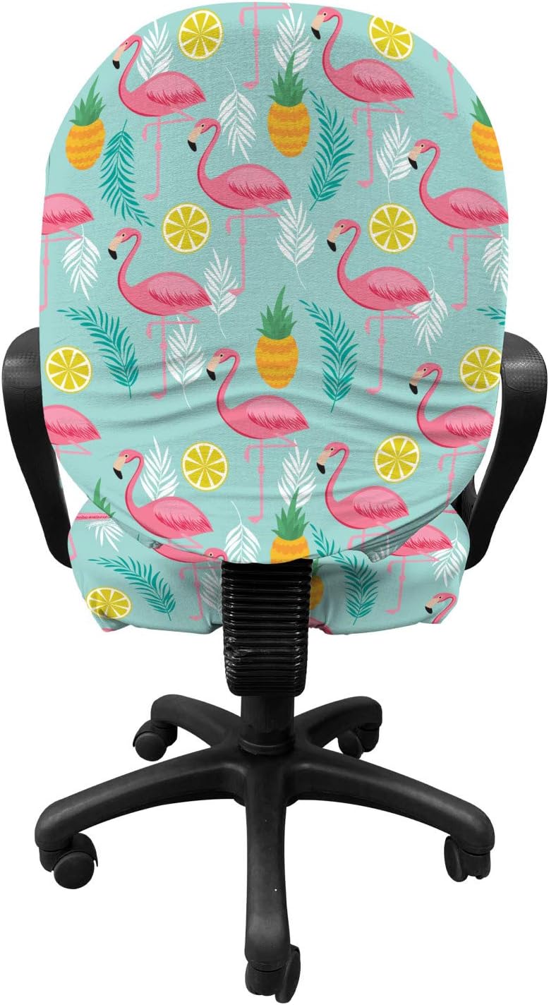 Ambesonne Art Office Chair Slipcover, Exotic Theme Pink Flamingos and Pineapples Hawaiian Background Palm Leaves, Protective Stretch Decorative Fabric Cover, Standard Size, Teal Pink