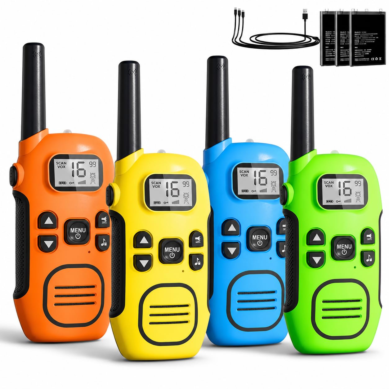 Walkie Talkies for Kids Adults,DURLK 4 Pack Rechargeable Walky Talky with Built-In Li-Ion Battery,2 Way Radio Long Range with 16 Channels,Flashlight,VOX,USB-C Cable for 3-12 Boys Girls Camping Hiking
