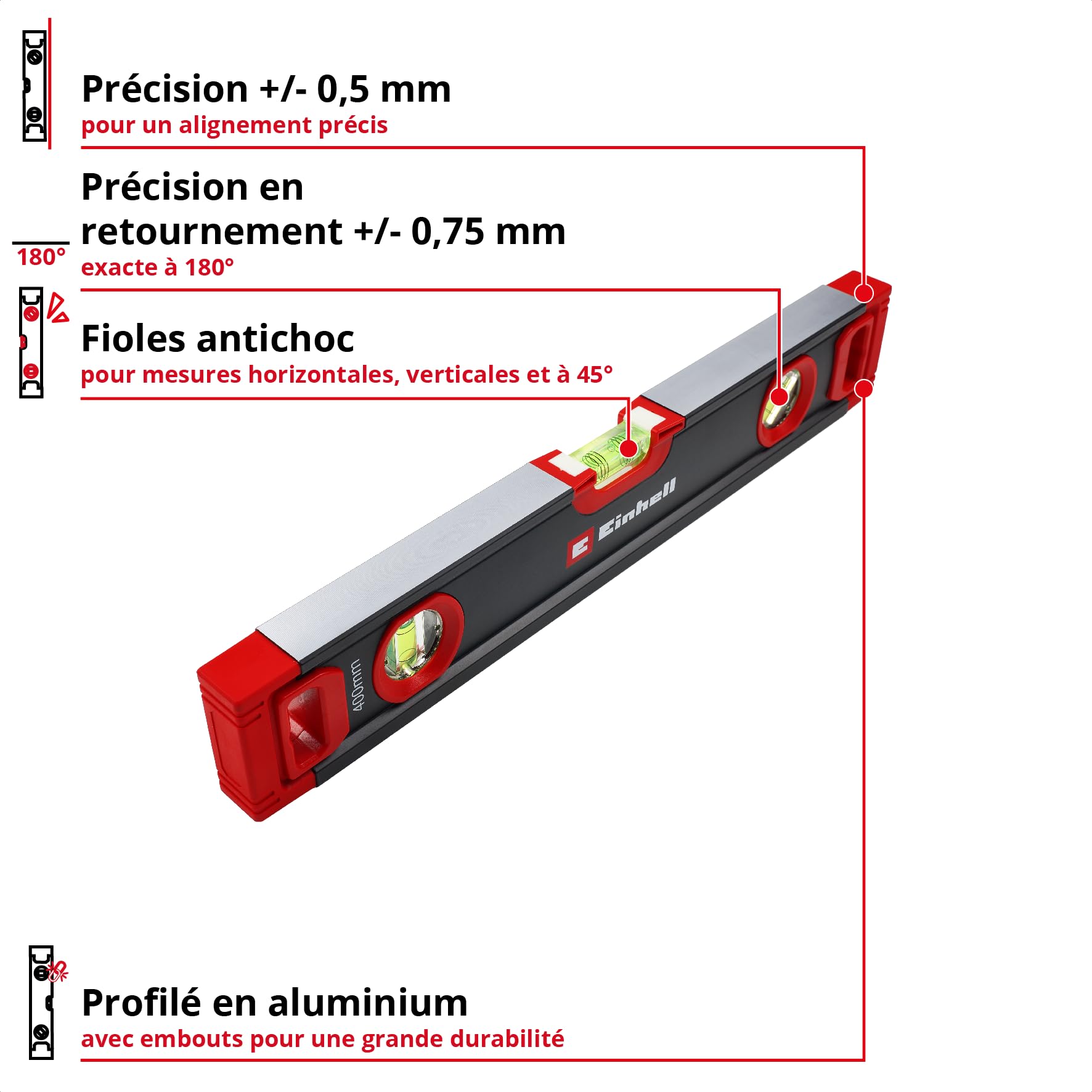 Einhell set de niveaux à bulle professionnel, 3 pièces (40/60 / 100 cm, 3 fioles, précision +/- 0,5 mm, profilé aluminium, embouts caoutchouc, sac de transport)