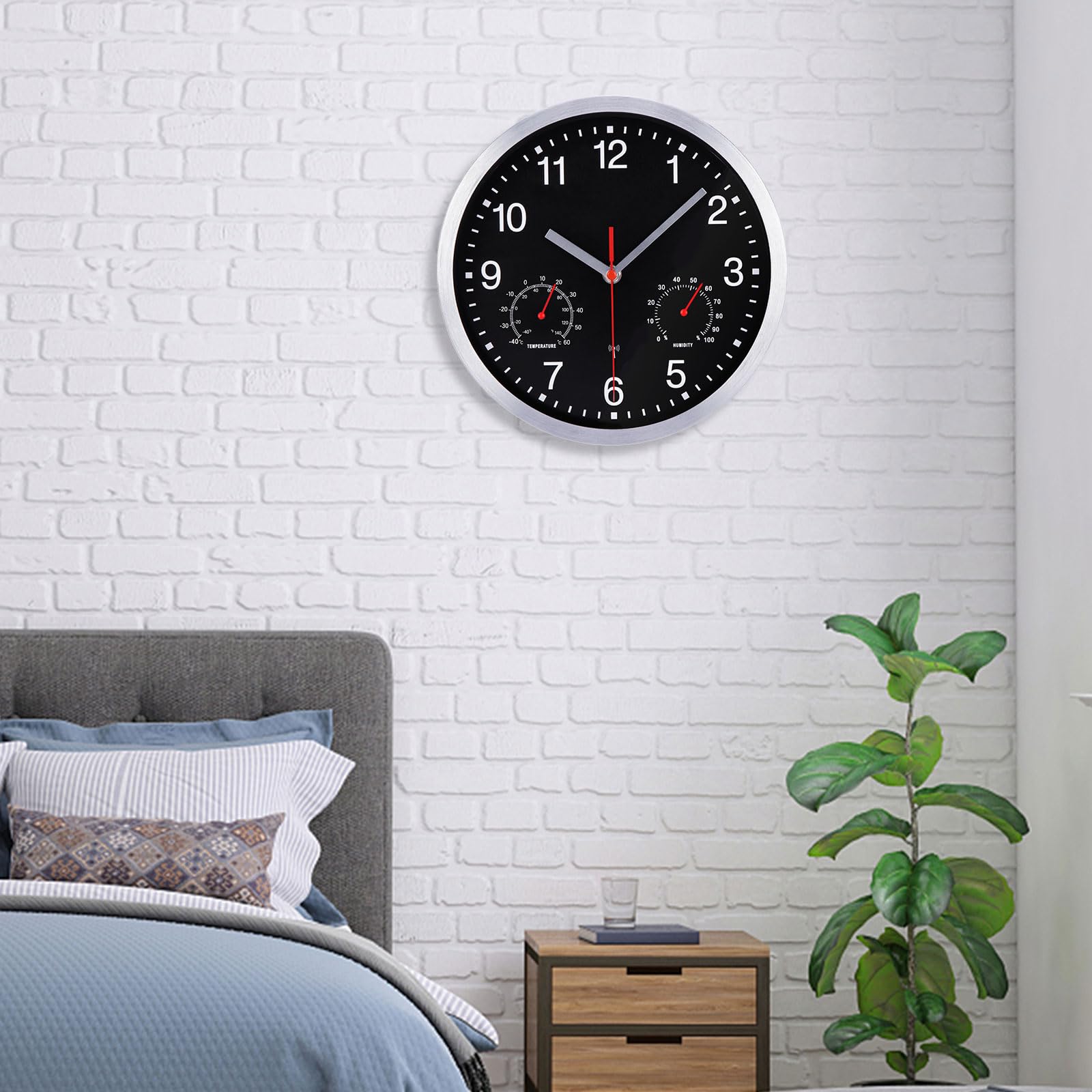 Funkuhr Wanduhr mit Thermometer und Hygrometer Funkwanduhr Lautlos Edelstahlrahmen Wanduhren Batteriebetrieben für Küche, Wohnzimmer, Schlafzimmer, Büro, 25x25cm, Aktualisierte Version