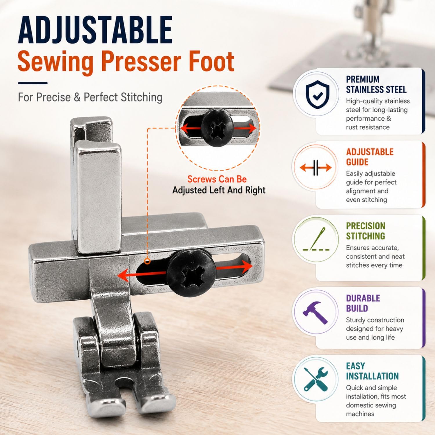 Gemsy T3 Presser Foot for Industrial Sewing Machine, Adjustable Universal Sewing Machine Presser Foot for Single Needle High Speed Lockstitch Machines Zipper, Edge Stitching & Sewing Attachment — Amazon image 3