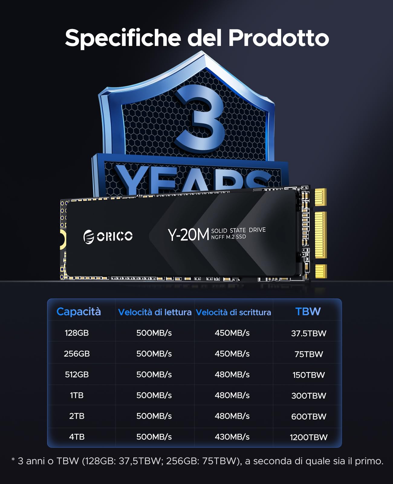 ORICO 512GB M.2 2280 SATA SSD, SATA III 6Gbps SSD M2 con Chiave B+M, 500 MB/s Unità a Stato Solido Interna per Desktop/Portatili - Y20M