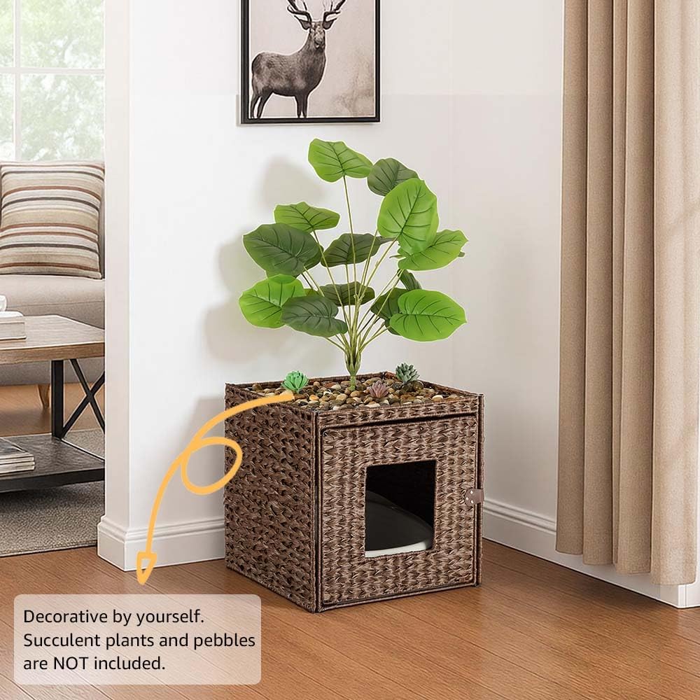 unipaws Cat Litter Box Enclosure with Faux Plant and Litter Mat, Hidden Handwoven Rattan Planter Cat House Furniture, DIY Decoration on Square Top By Yourself, for Living Room, Bedroom, Corner