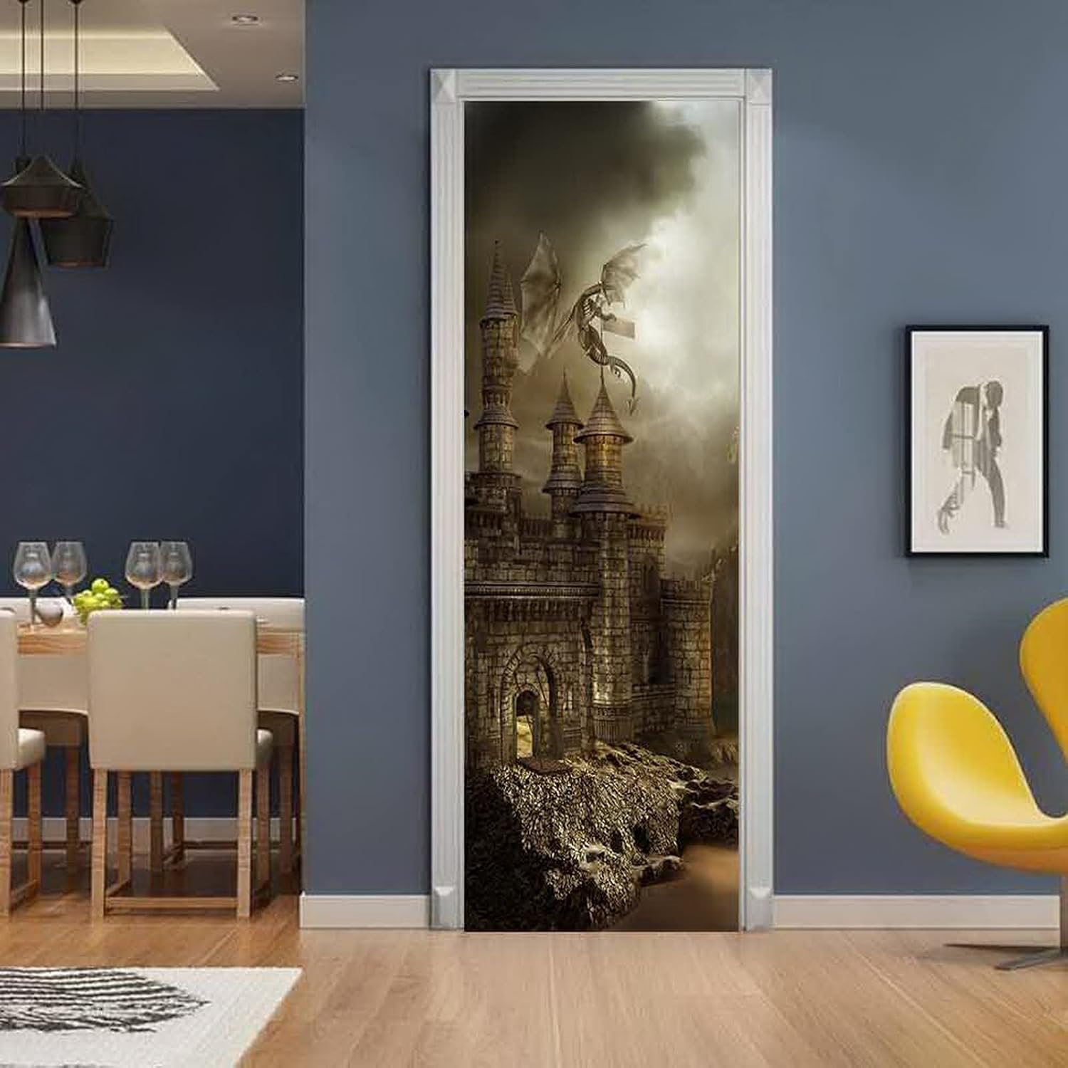 A.Monamour 3D Door Stickers for Interior Doors Fantasy Ancient Castle with A Flying Dragon Abstract Art Vinyl Waterproof Self Adhesive Door Mural Decals for Bedroom Office Bathroom 77 x 200 cm