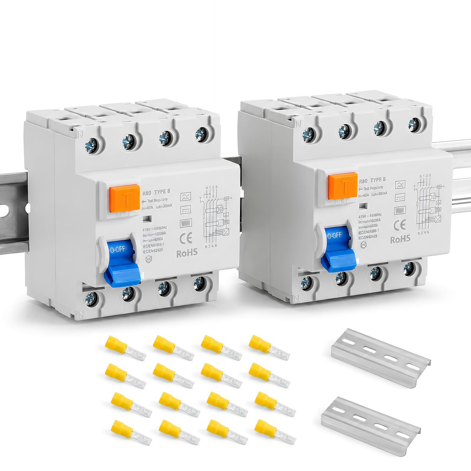 2 Stück FI Schutzschalter Typ B 40A 30mA 4-polig Allstromsensitiver RCD | mit DC-Fehlererkennung Fehlerstromschutzschalter für Wallbox und PV-Anlage Hutschienenmontage EN61008