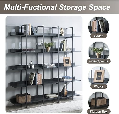 Miniatura 5 de Estantería industrial de 5 niveles estantería de madera triple ancha con marco de metal moderna estantería Etagere con panel trasero estante de