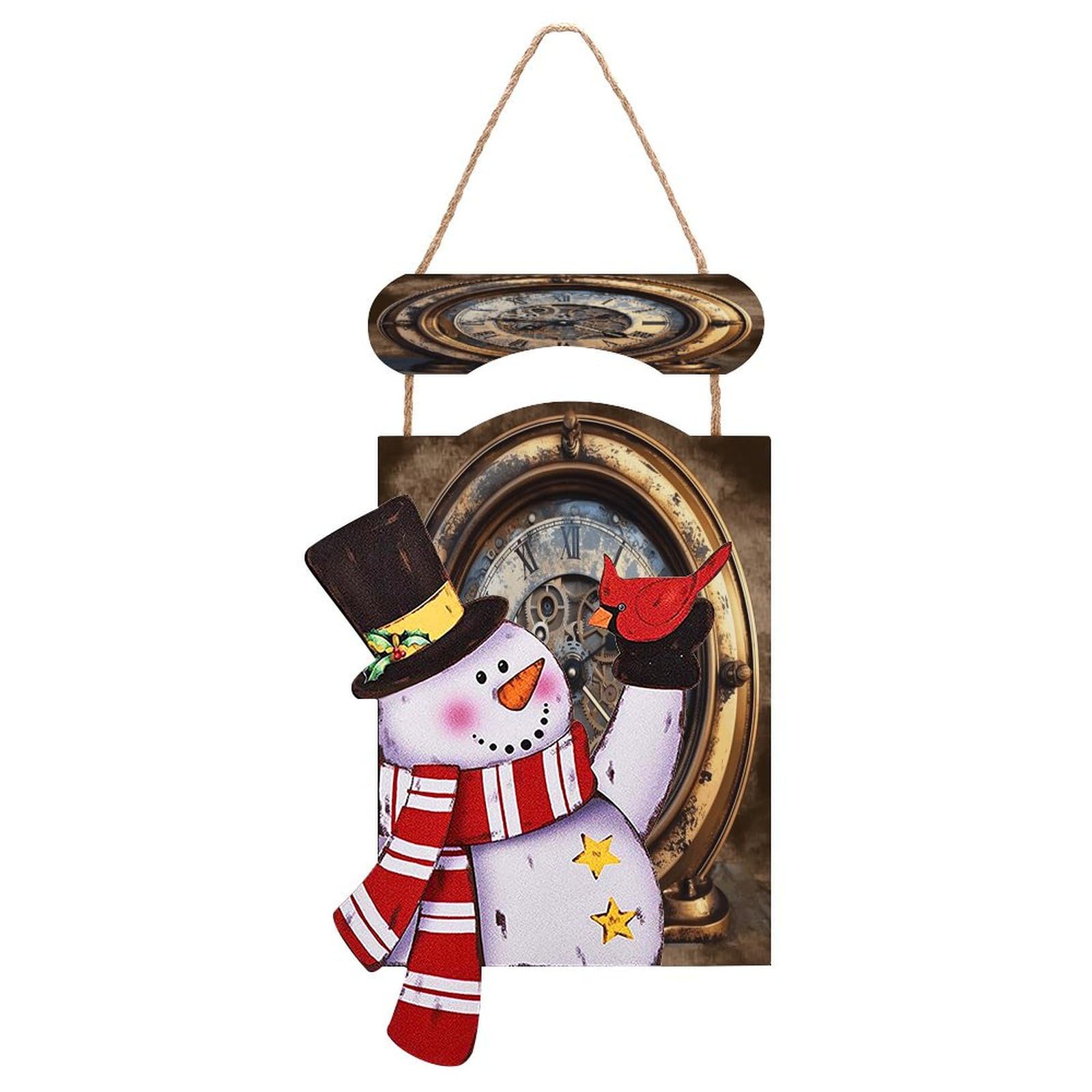 Panneau de Noël en bois bonhomme de neige horloge steampunk murale