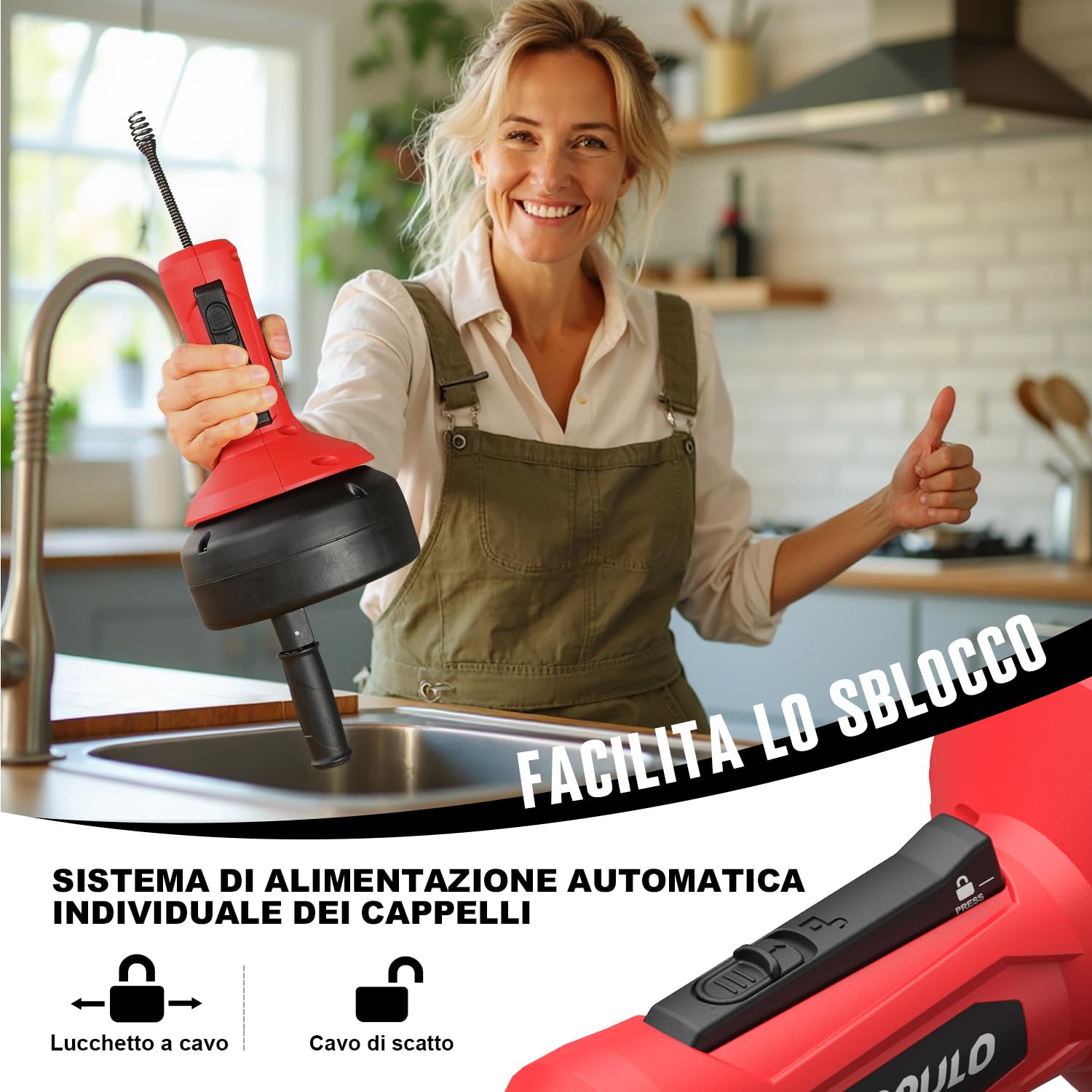POPULO 5m Trivella di scarico, Alimentazione automatica Spirale per la pulizia dei tubi Sonda Sturatubi, Utensili per la rimozione di zoccoli di scarico a serpente per impianti idraulici