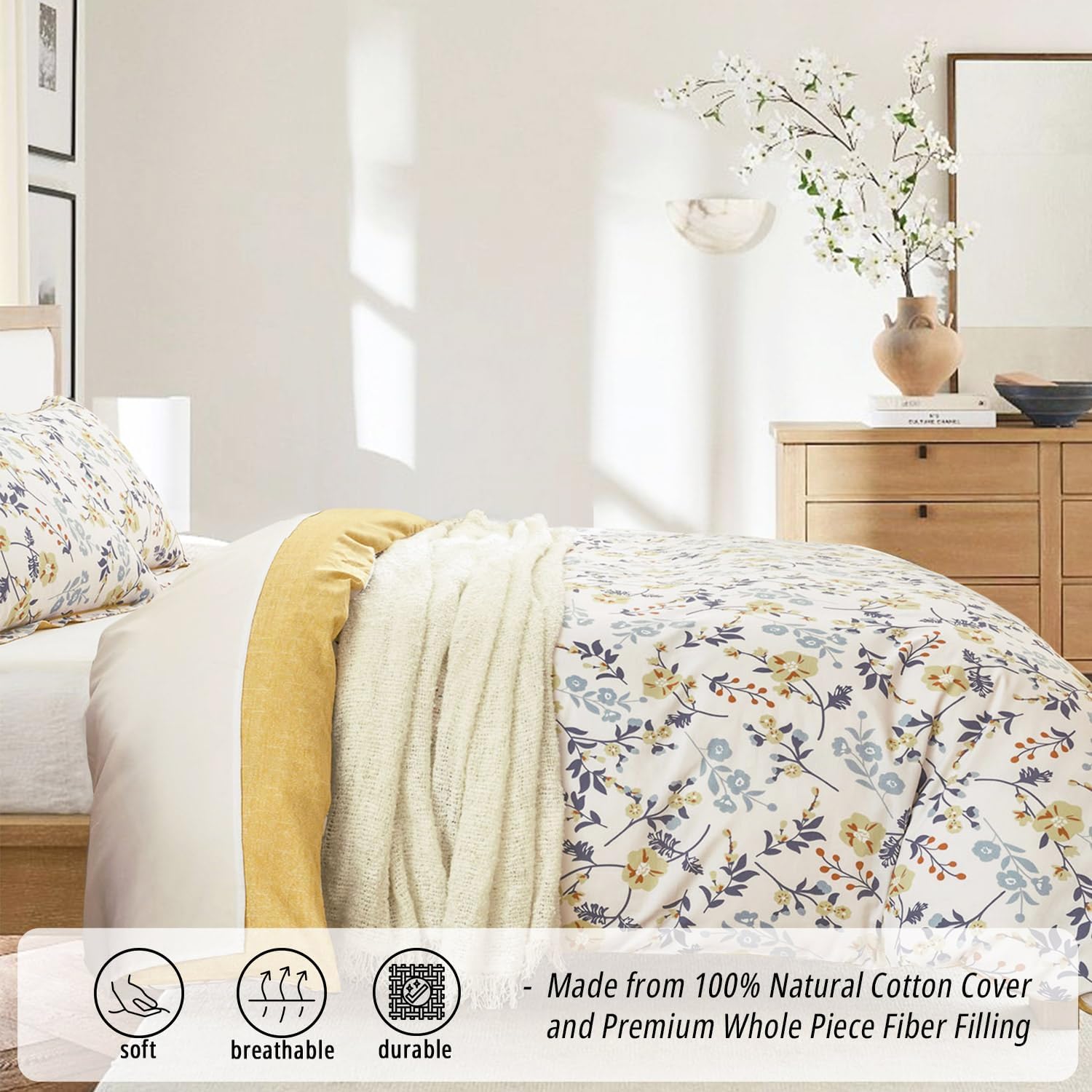 Yellow Floral Cotton Comforter King Size - Orange, Blue & Slate Gray Botanical Pattern on Off White, Reversible Design, 3PC Lightweight Bedding Set with Soft Alternative Fill (King) - Image 2
