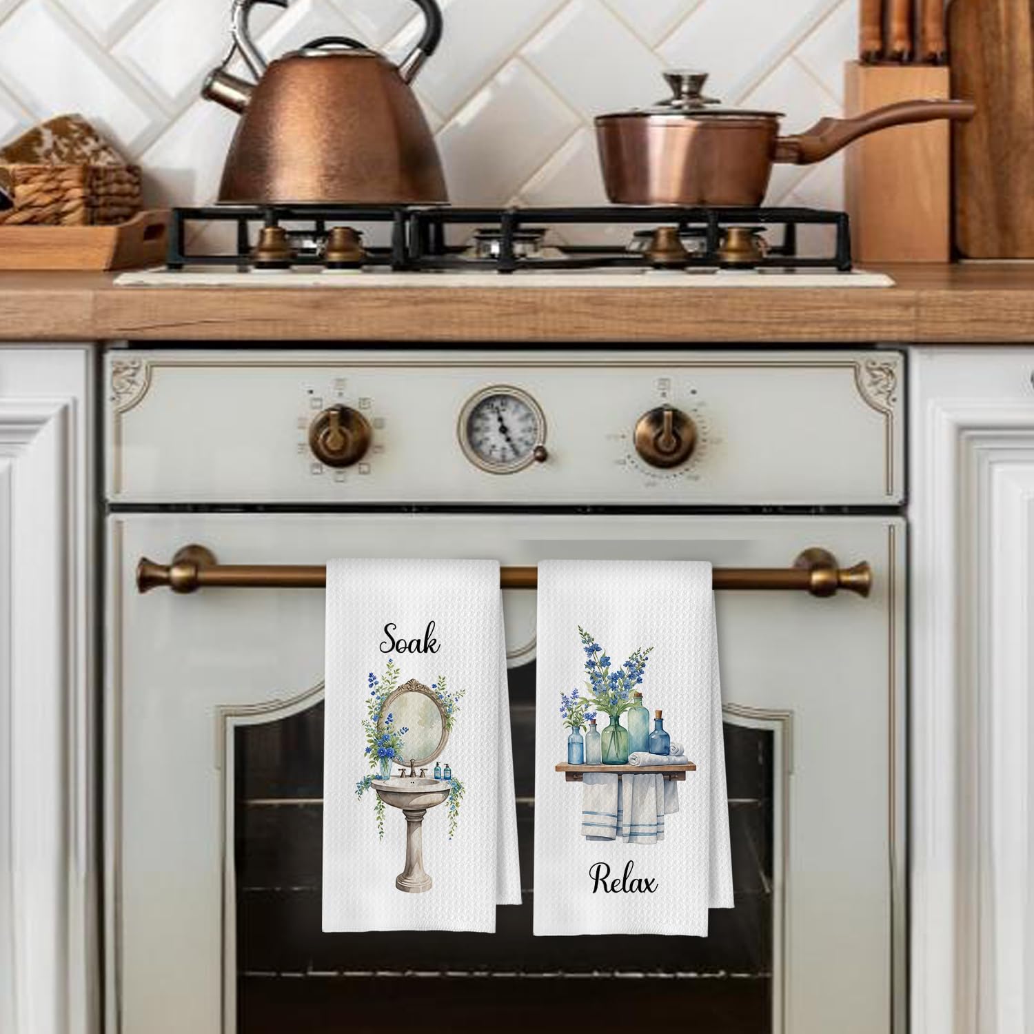 Farmhouse Blue Botanical Bathroom Hand Towels, Rustic Cottagecore Relax Breathe Soak Unwind Floral Decorative Hand Towels for Bathroom Yoga Spa Decor, 16x24 Inches Set of 4 - Image 3