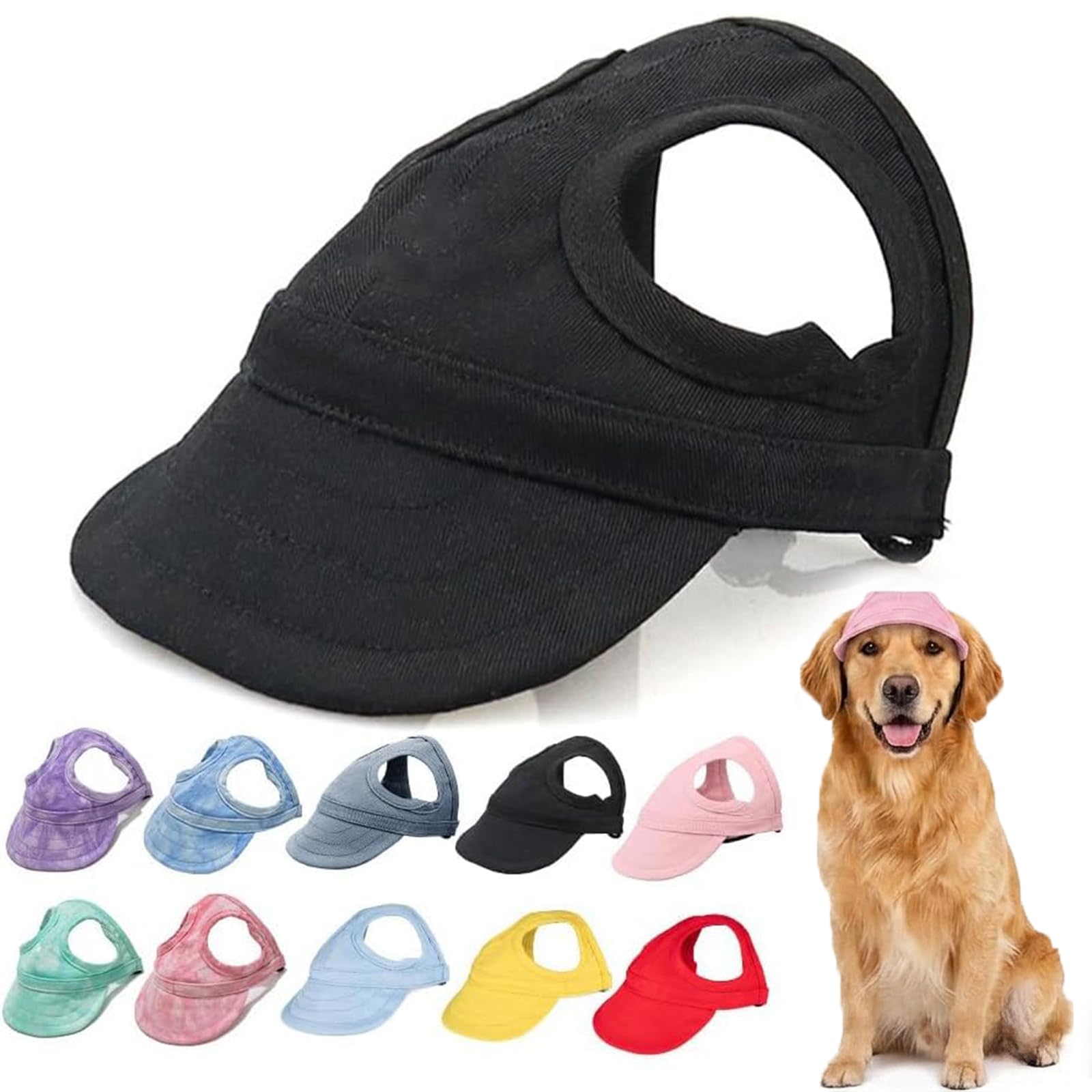 Dog Baseball Cap for Small Medium Dogs, Breathable Canvas Pet Sun Hat with Ear Holes, Adjustable & Anti-Slip Outdoor Visor (Black,Small)