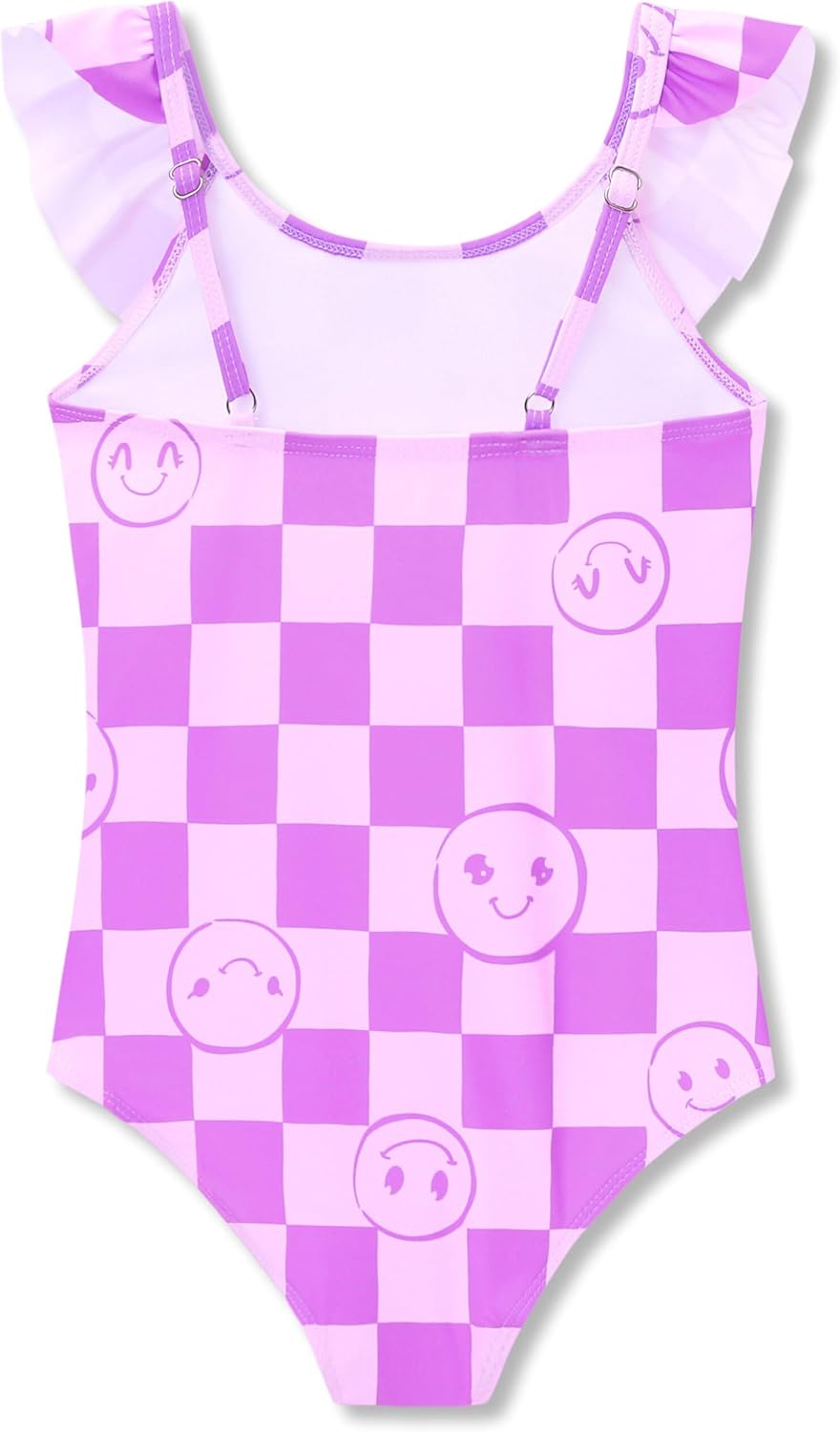 Girls One Piece Swimsuit - Adjustable Strap, Checked Face & Mermaid Print Toddler Ruffle Bathing Suit Size 2T-10 4 1pc Purple Checker Face image 2 of 6 B0DWMPJQTJ