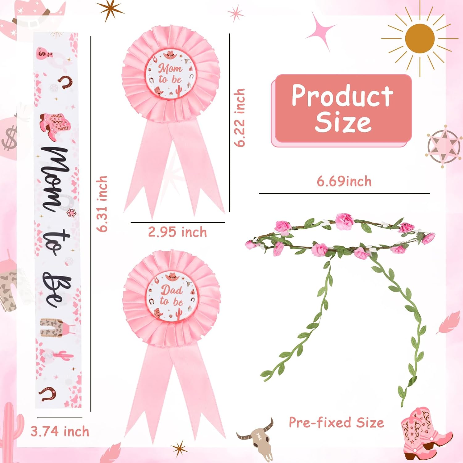 Serencatcher Cowgirl Baby shower Sash and Pins Set, Western Baby Shower Decorations Mom Dad To Be Sash Mom Dad To Be Pin Flower Headband for Western Cowgirl Cowboy Gender Reveals Party Pregnancy Props