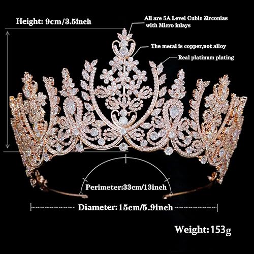 Miniatura 4 de Aoligrace Coronas de boda de oro rosa para novia, circonita cúbica grande, 16 tiaras para mujer, regalo para fiesta de cumpleaños