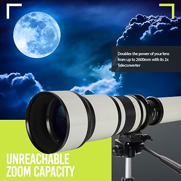 High-Power 650-2600mm f/8 Manual Telephoto Lens for Canon EOS 80D, 90D, Rebel T3i, T5, T6i, T7, T8i, SL3, 60D, 70D, 5D, 6D II, 7D II SLR Cameras - White