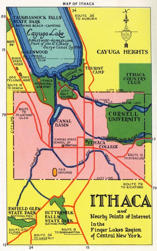 Ithaca, New York, Detailed Map Postcard of Ithaca and