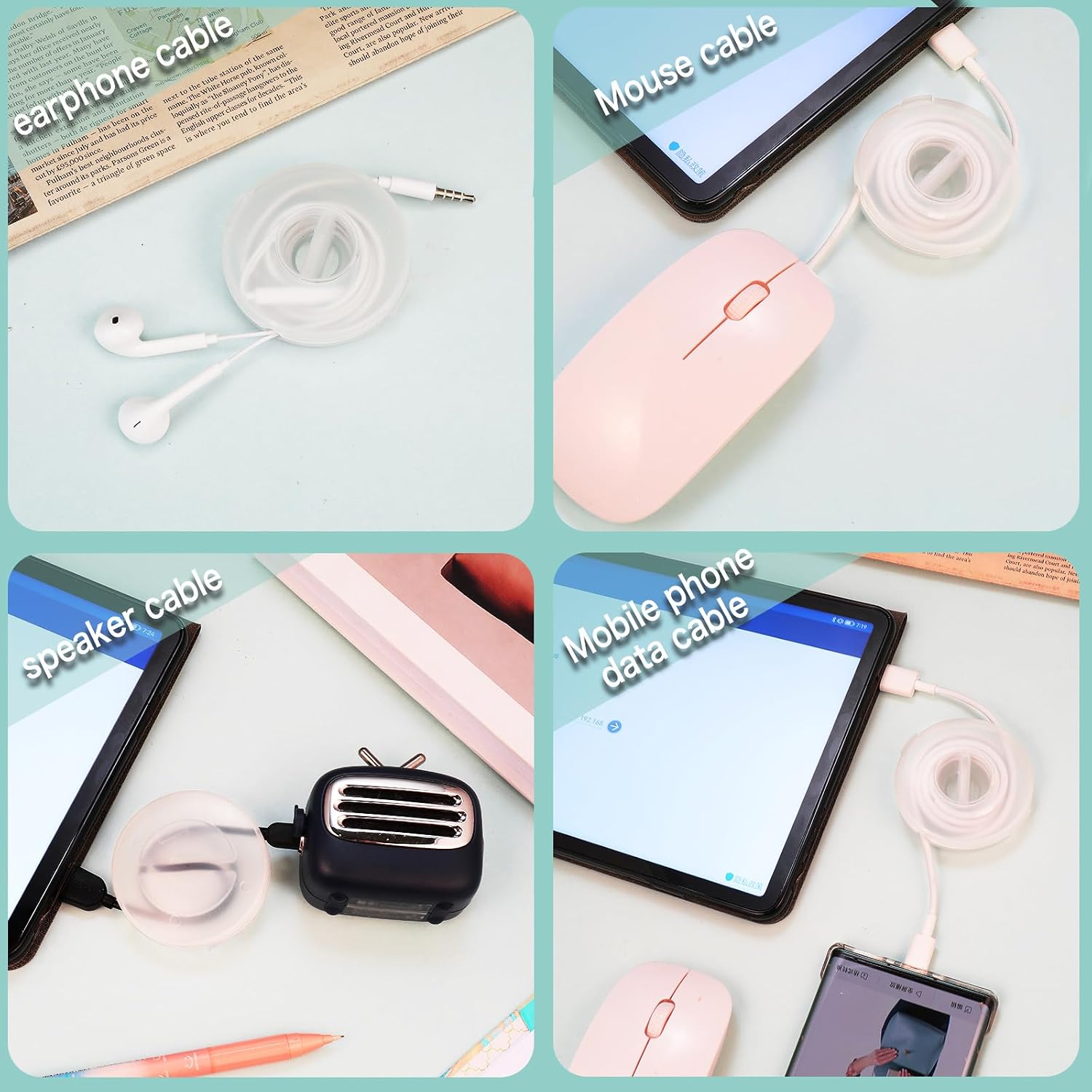 9 Pcs Charging Cord Organizer Portable Charger Cord Holder Round Storage Cable Winder Retractable Cable Management Flexible USB Cable Reel for Home Office Classroom, Transparent