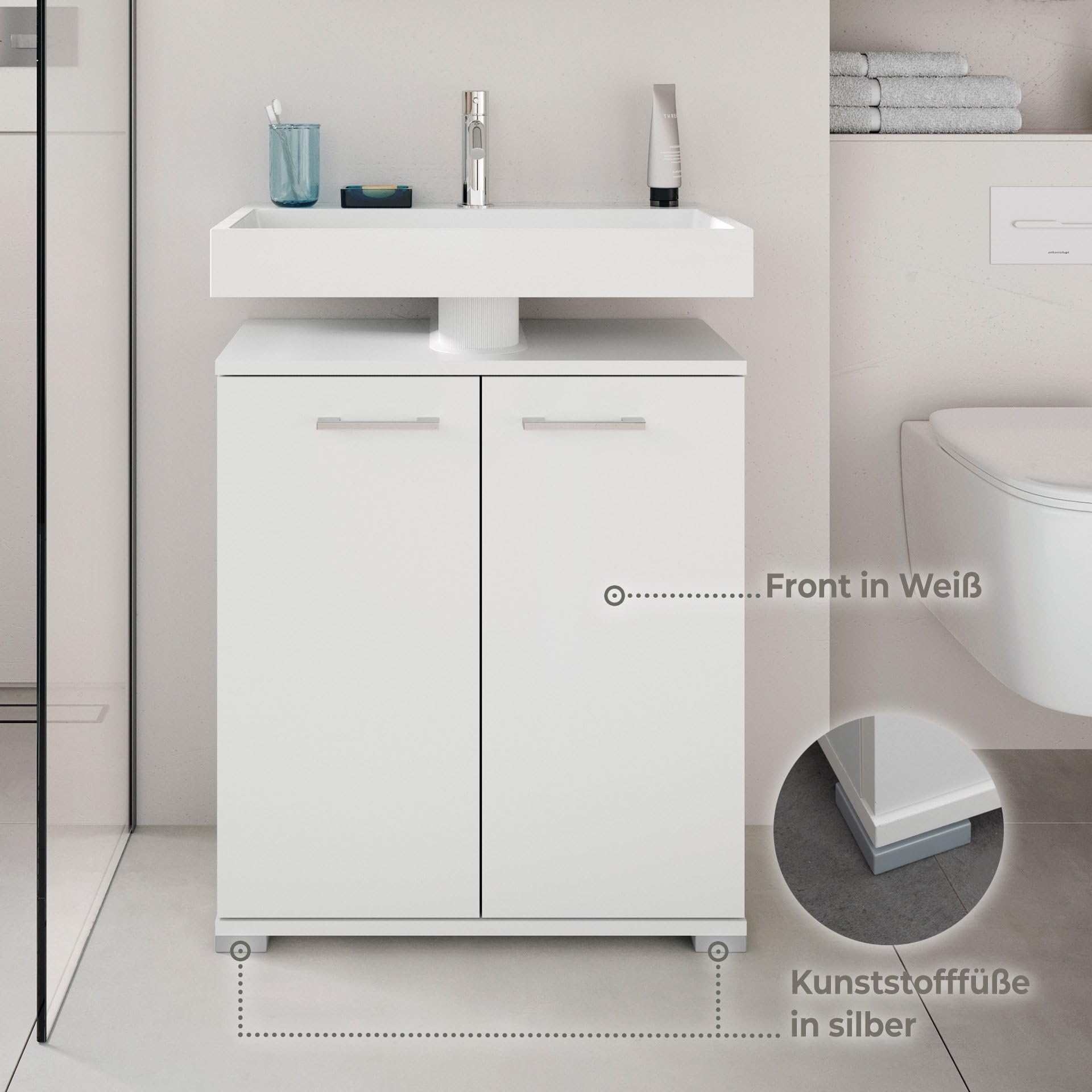 Vicco Eenvoudige wastafelonderkast Kiko, glanzend wit/wit, 58 x 60 cm, met uitsparing voor sifon en opbergruimte voor de organisatie van de badkamer