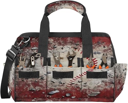 Bolsas de herramientas rústicas de boca ancha con estampado de béisbol para hombres y mujeres, 14 bolsillos, bolsa de herramientas de béisbol, bolsa
