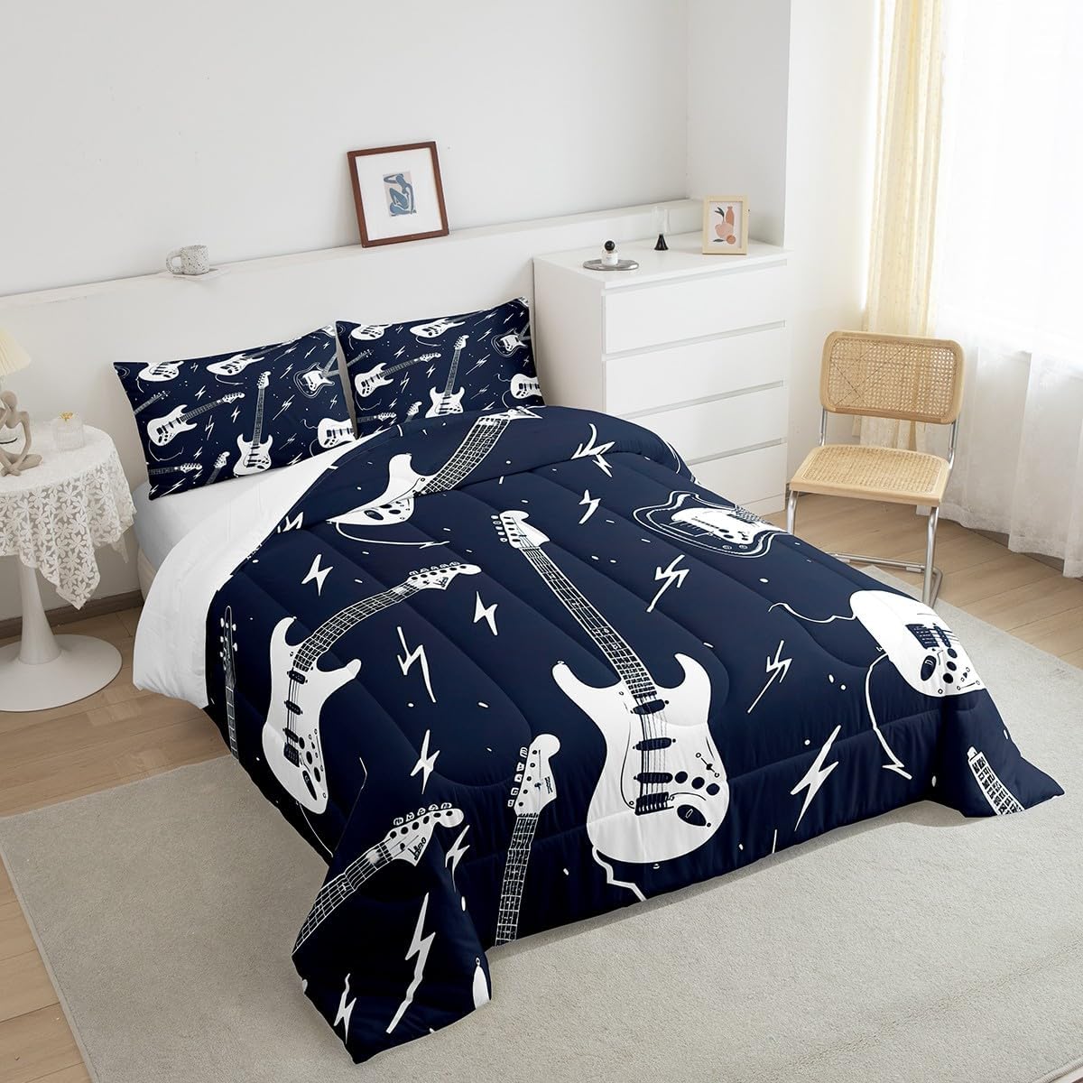 Feelyou Kids Guitar Comforter Set Twin Rock Music Themed Comforter Women Men Easy-Wash Musical Guitar Instruments Bedding Set with 1 Pillow Case - 2 Piece Twin Boys