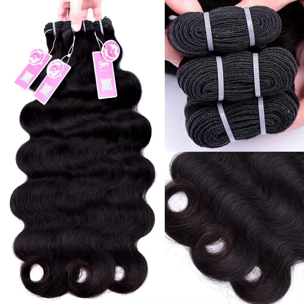 MSGEM 15A Body Wave Bundles Human Hair Brazilian Body Wave Human Hair Weave 3 Bundles 20 22 24 inch 100% Unprocessed Virgin Human Hair Extensions for Black Women Natural Color
