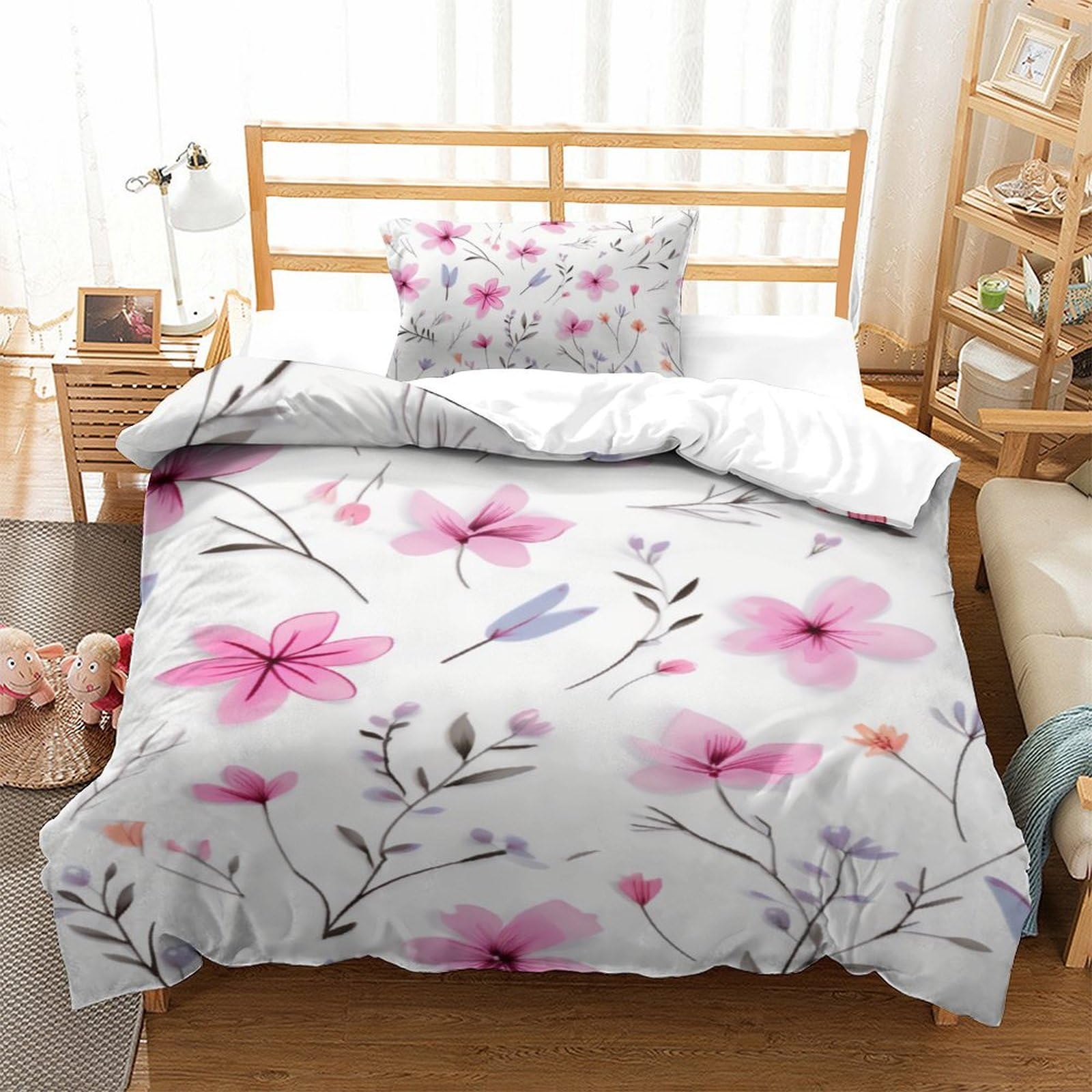Housse de couette fleurs 3D sans repassage fermeture éclair lit simple 135x200