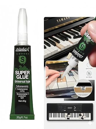 Professional Piano Key Repair Glue - Zhanlida S Crystal Clear Adhesive for Ivory & Plastic Keys, Precision Tip for Fine Instruments, Instant Bond, Non-Yellowing, No Clogging, 20g 0.7oz