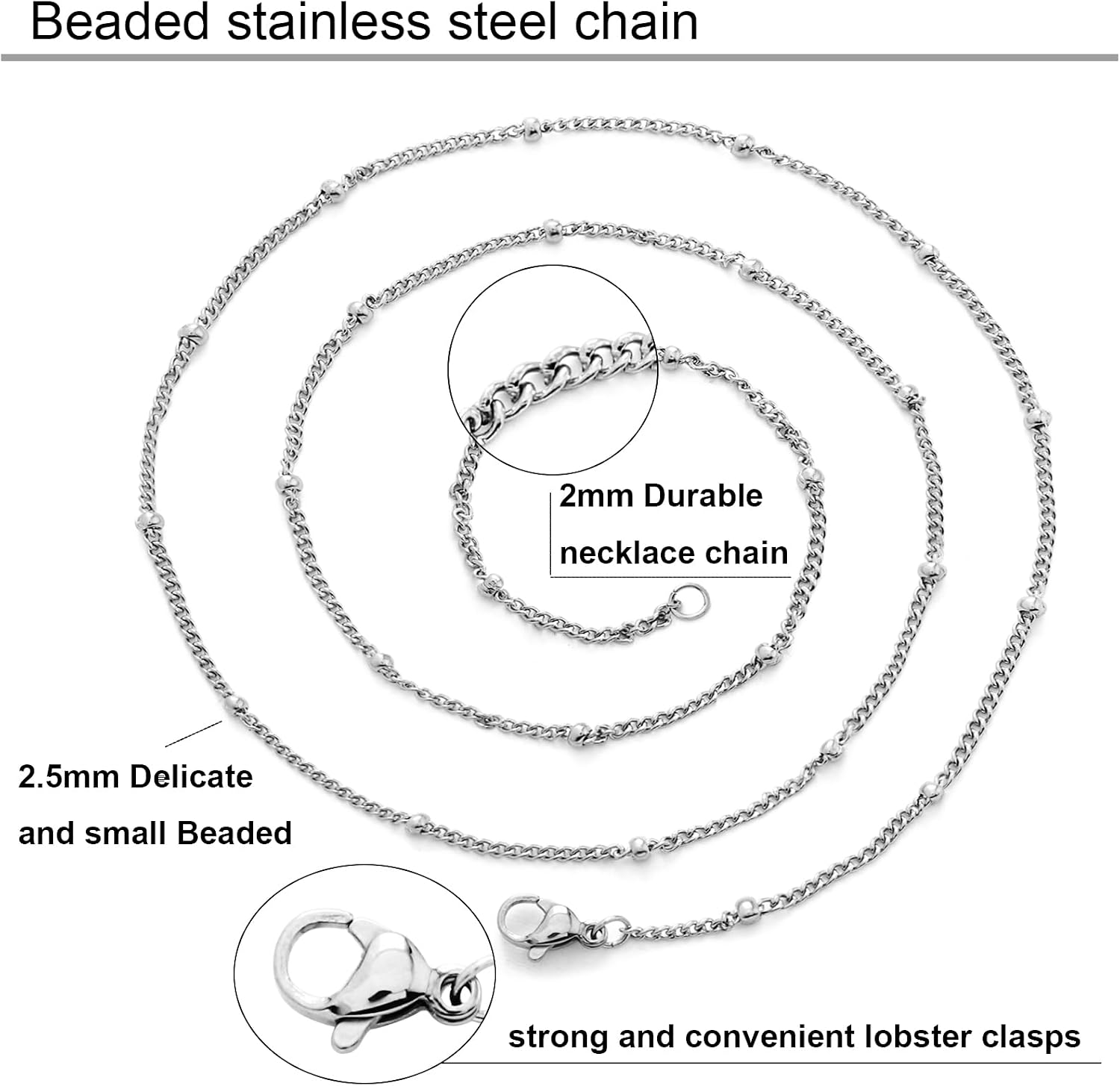 12Pcs 20" Stainless Steel Satellite Beaded Necklace Chains Curb Link Chain Bulk for Jewelry Making Supplies 2mm