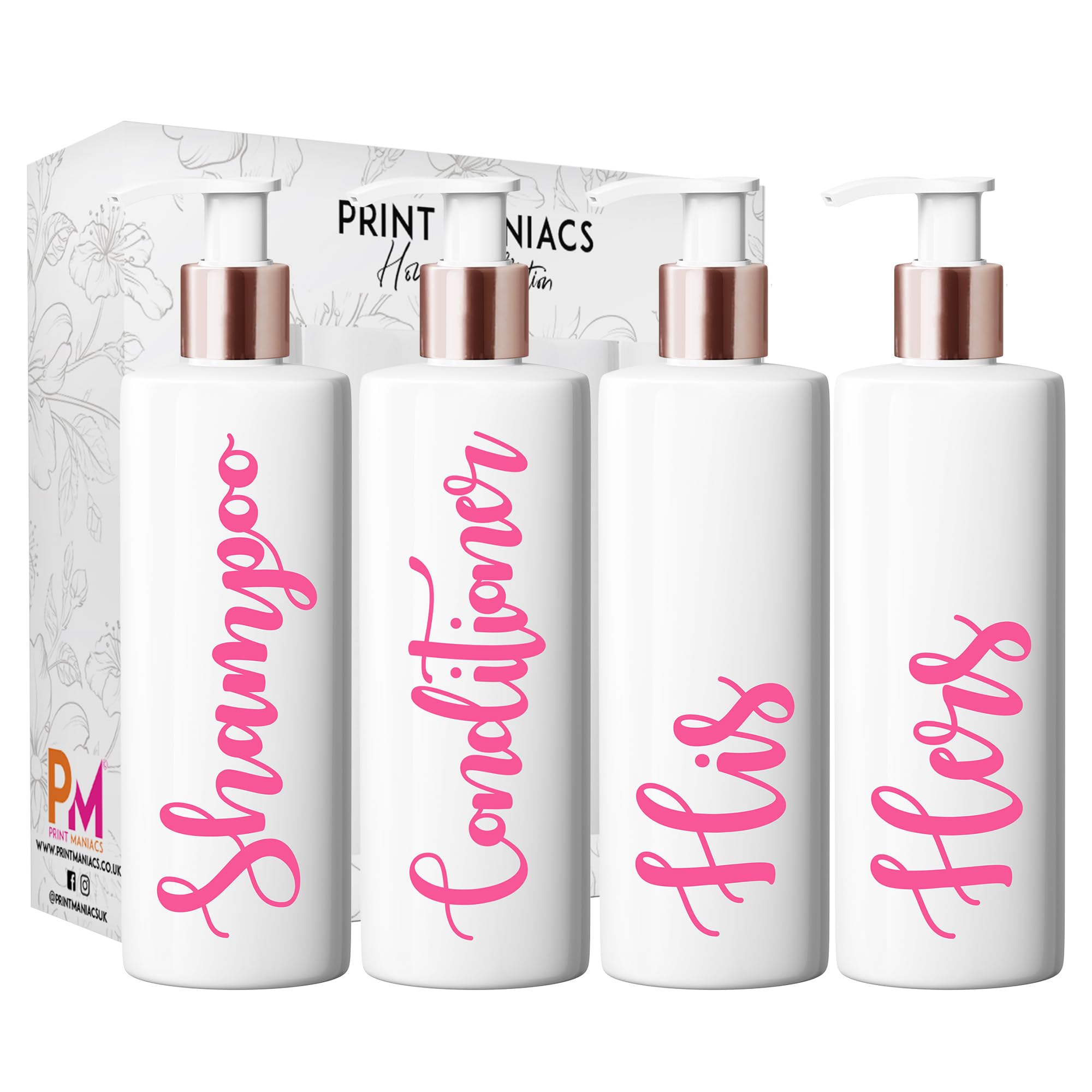 Print Maniacs White Mrs Hinch Inspired Personalised 500ml Bottles Bathroom Lotion Kitchen Shampoo Conditioner Rose Gold Pump (Set 4 His Hers) (BabyPink)