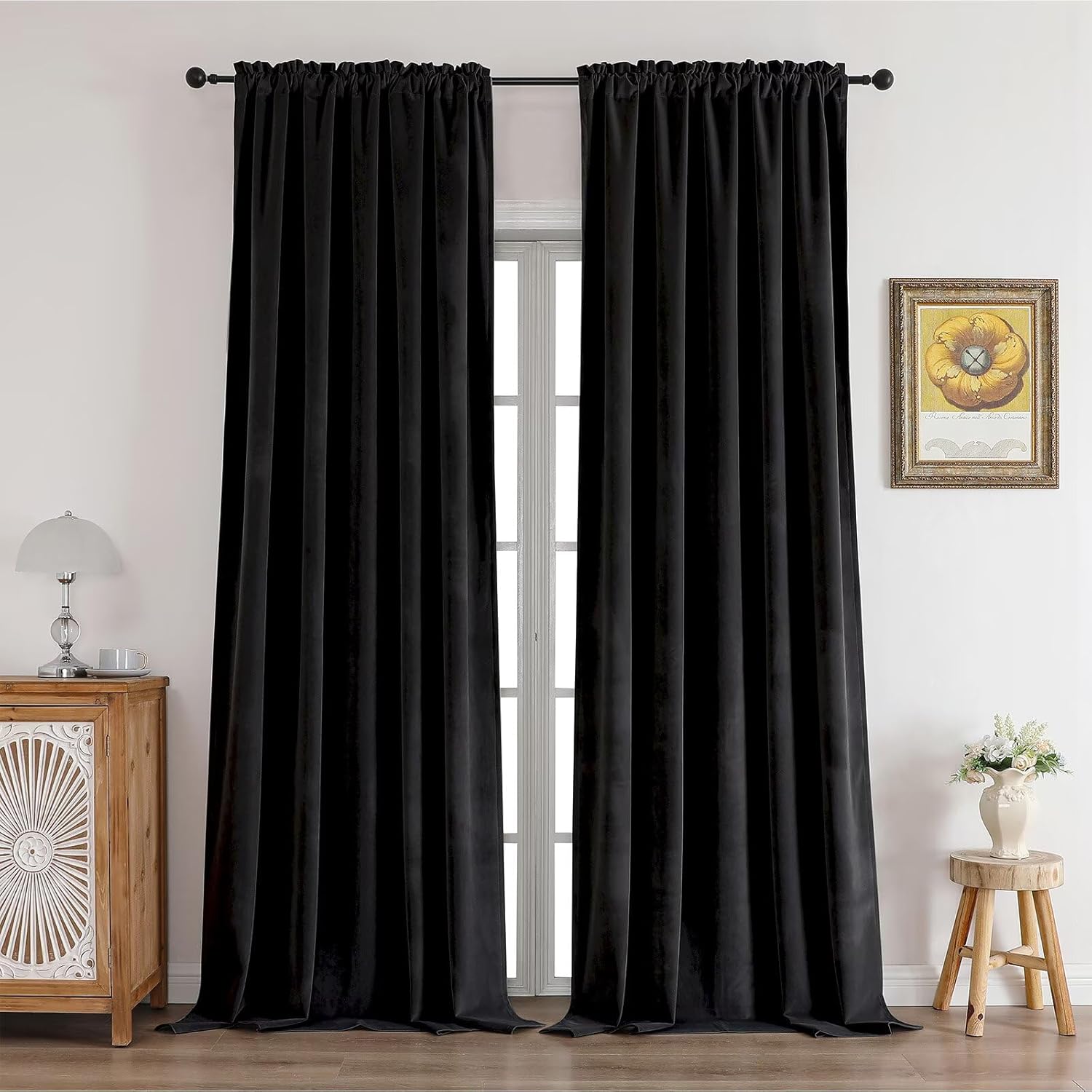 CUCRAF Black Velvet 100% Blackout Curtains 72 inches Long, Thermal Insulated, Noise Reducing Rod Pocket Luxury Drapes for Bedroom Living Room(52x72 inches, 2 Panels)