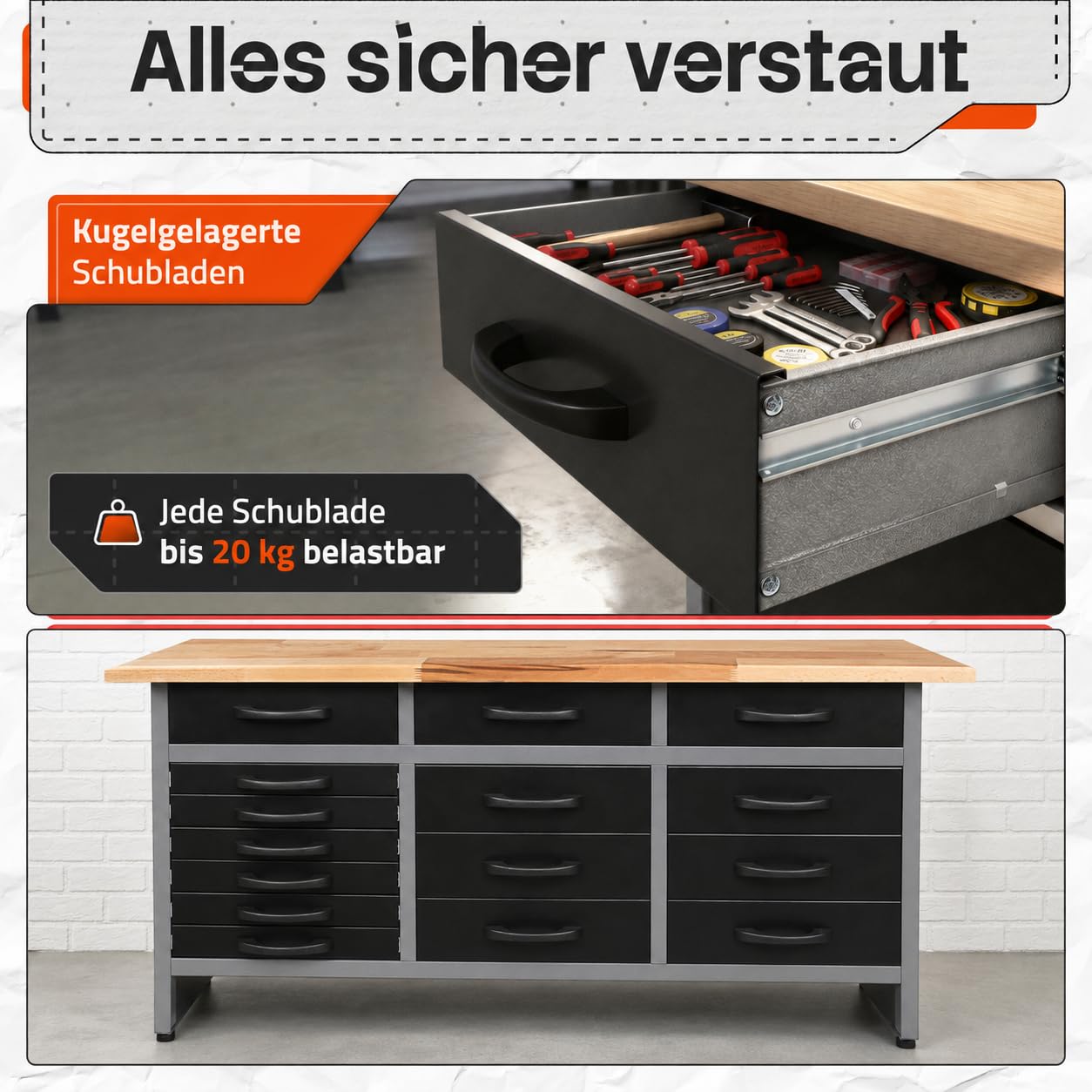 Ondis24 Werkbank Konny Werktisch 15 Schubladen 160x60x85 cm bis 450kg | Buchenholzarbeitsplatte , Metall bis 450kg belastbar