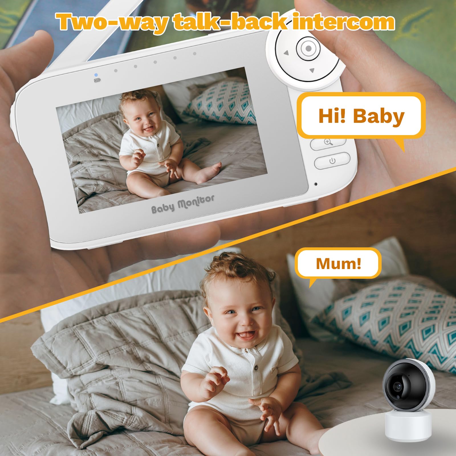 Monitor de video para bebé con cámara, detección de llanto, sensor de temperatura, visión nocturna, pantalla de 4.3 pulgadas, 10 canciones de cuna, alerta de alimentación de bebé, zoom digital