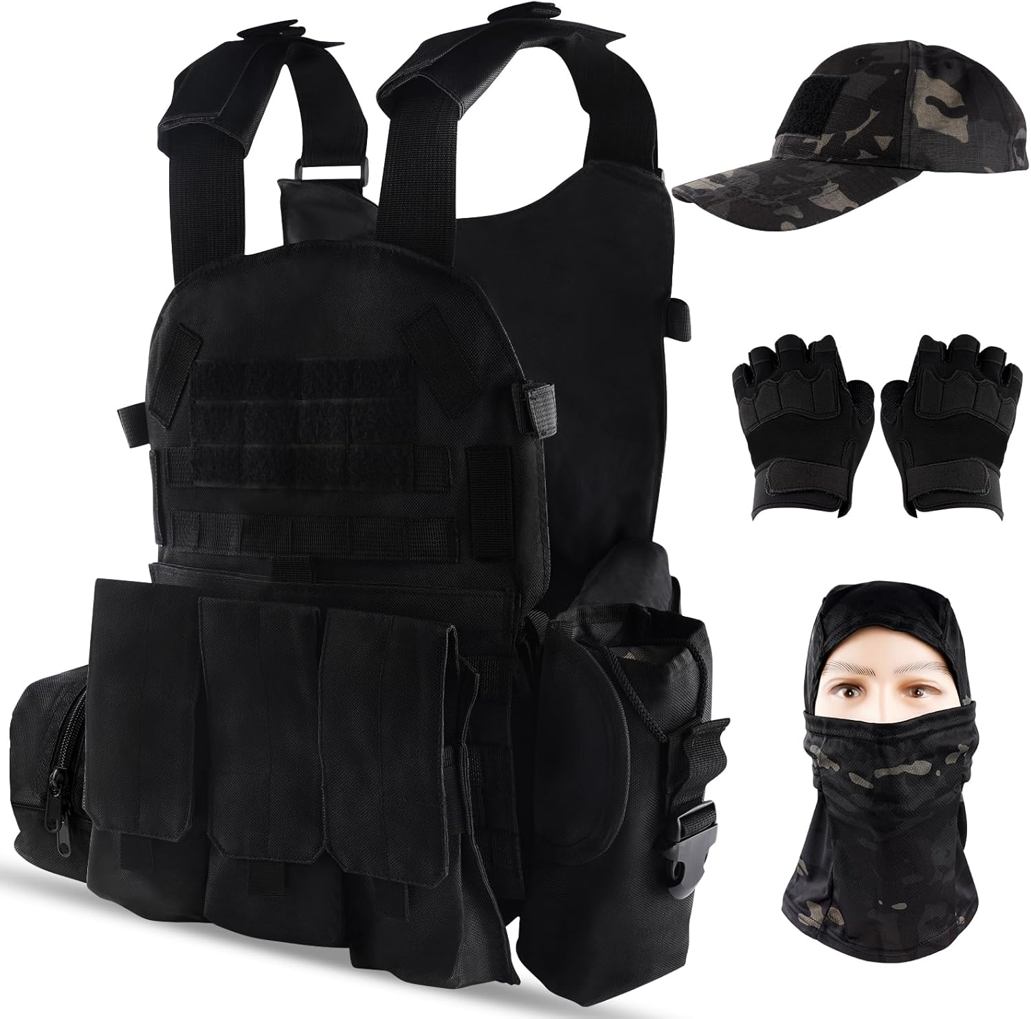 NewBEP Tactical Vest Set for Men, Airsoft Paintball Vest Quick Release Airsoft Vest and Equipment with Hat,Glove,Visor