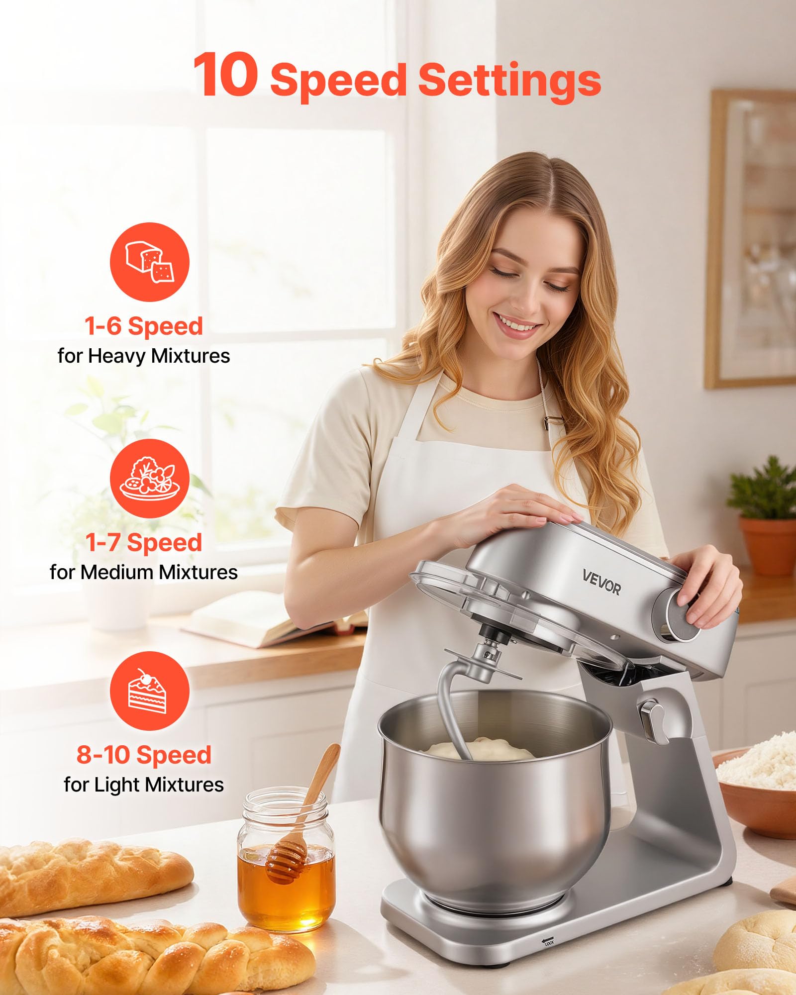 VEVOR Batidora de Pie, 1800 W, Bol de Acero Inoxidable, 7,4 L, Gancho para Amasar, Batidor y Varillas, 10 Velocidades, Inclinación Ajustable, 411 x 253 x 342 mm, a Mezclar Crema, Verduras y Masa