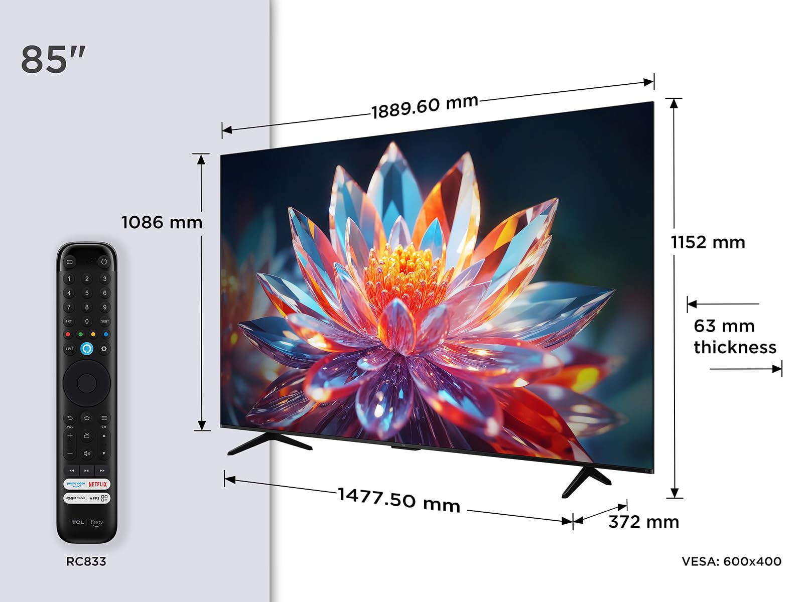 TCL 85T6C Televisor 85 Pulgadas QLED 4K, Smart TV con Fire TV, Dolby Vision y Atmos, HDR10+, Game Master, VRR y ALLM, Control por Voz Alexa
