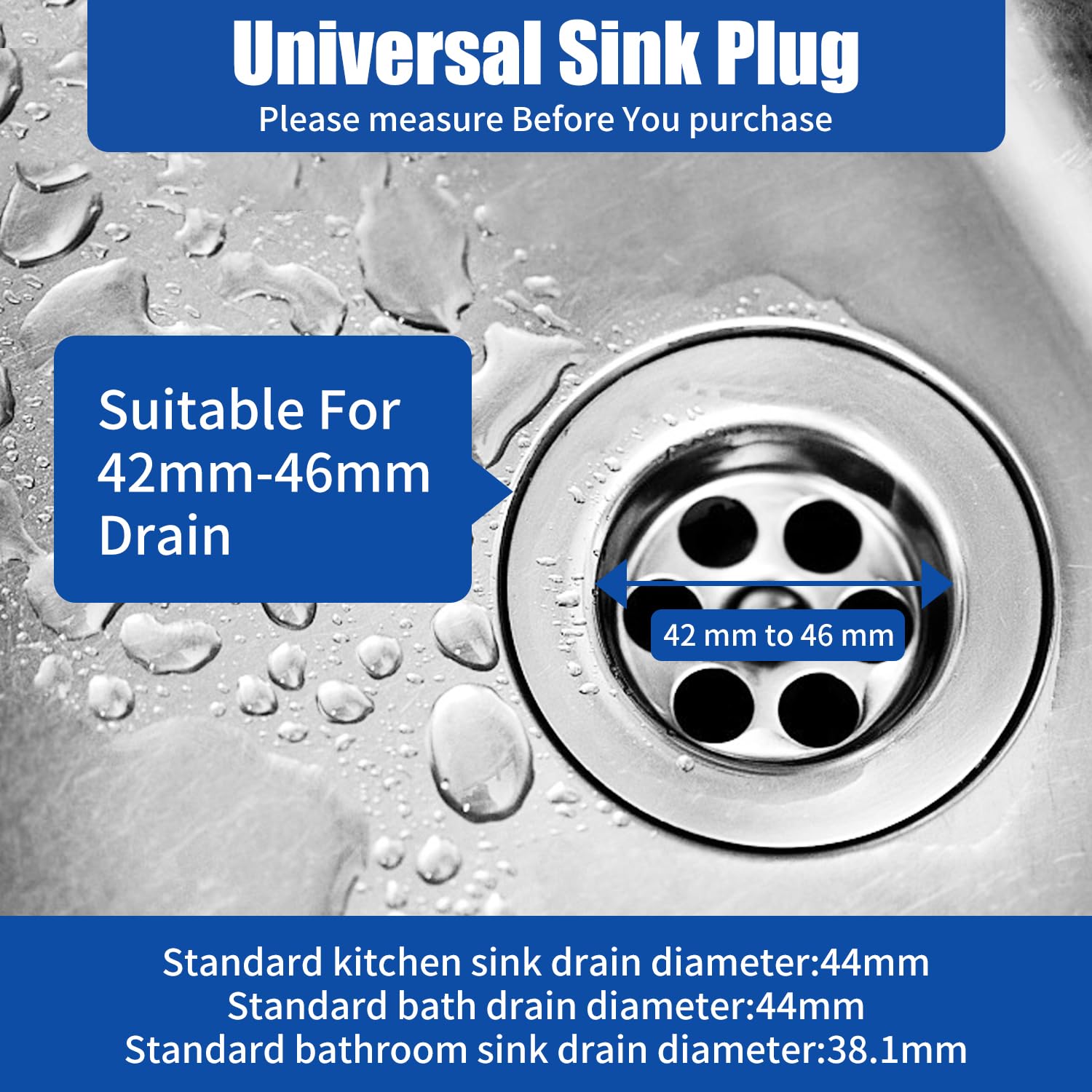 Tapón de Lavabo Universal, 2 Tapones de Drenaje Tapón Fregadero Ø 42-46mm Tapón de Bañera con Cadena de Acero Inoxidable Desagües Estándar Tapones Universales para Lavabo Lavabo Cocina Bañera Baño