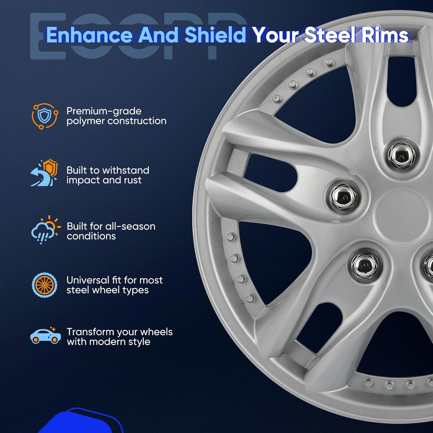 ECCPP Set of 4 12 Inch OEM Replacement Corrosion-Free & Sturdy Full Heat & Impact Resistant Grade Black Metallic Steel Hubcaps