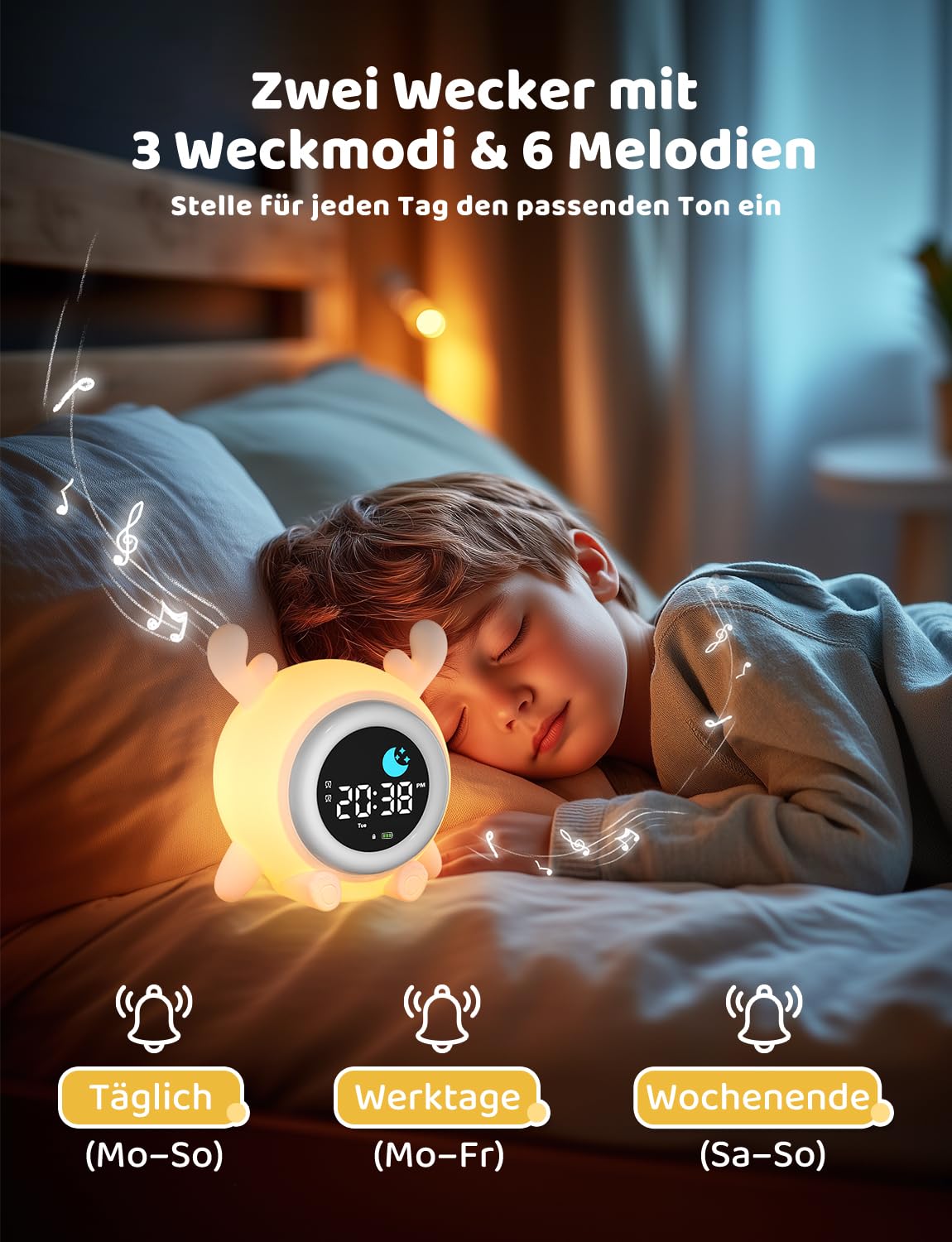 Yissvic kinderwecker Jungen, Schulanfänger Lernwecker Kinder 2 Alarme, Wochenendmodus Snooze 10 White Noise RGB Nachtlicht Wecker,Kinderzimmer Deko Rentiere