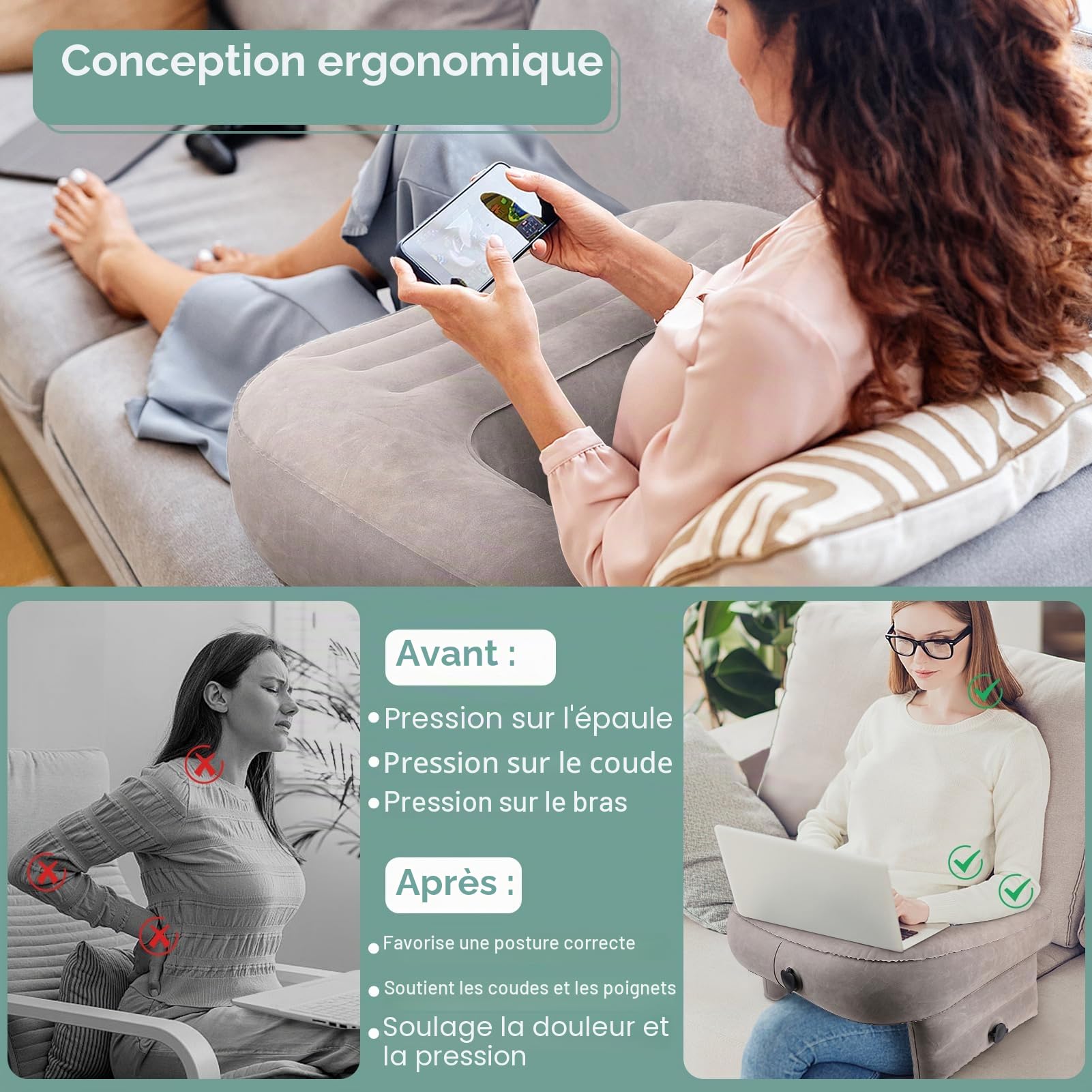 Wakects Oreiller de Lecture Gonflable, Oreiller de Bureau en PVC, Grand Oreiller de Jeu pour Genoux, Floquée, Oreiller Doux pour Accoudoir D'ordinateur Portable avec 3 Trous